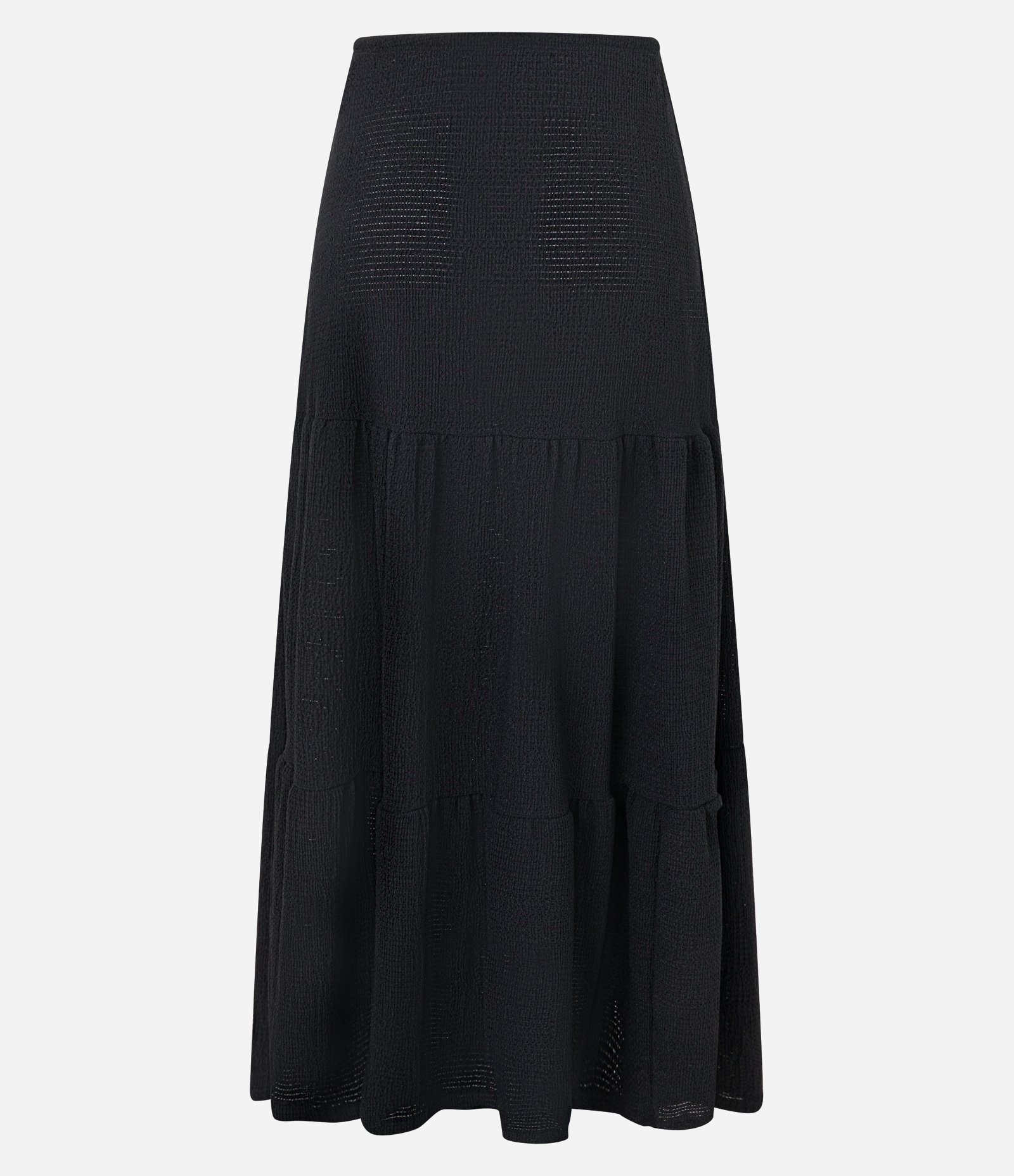 Saia Evasê Longa Texturizada com Amarração e Babado Preto 7