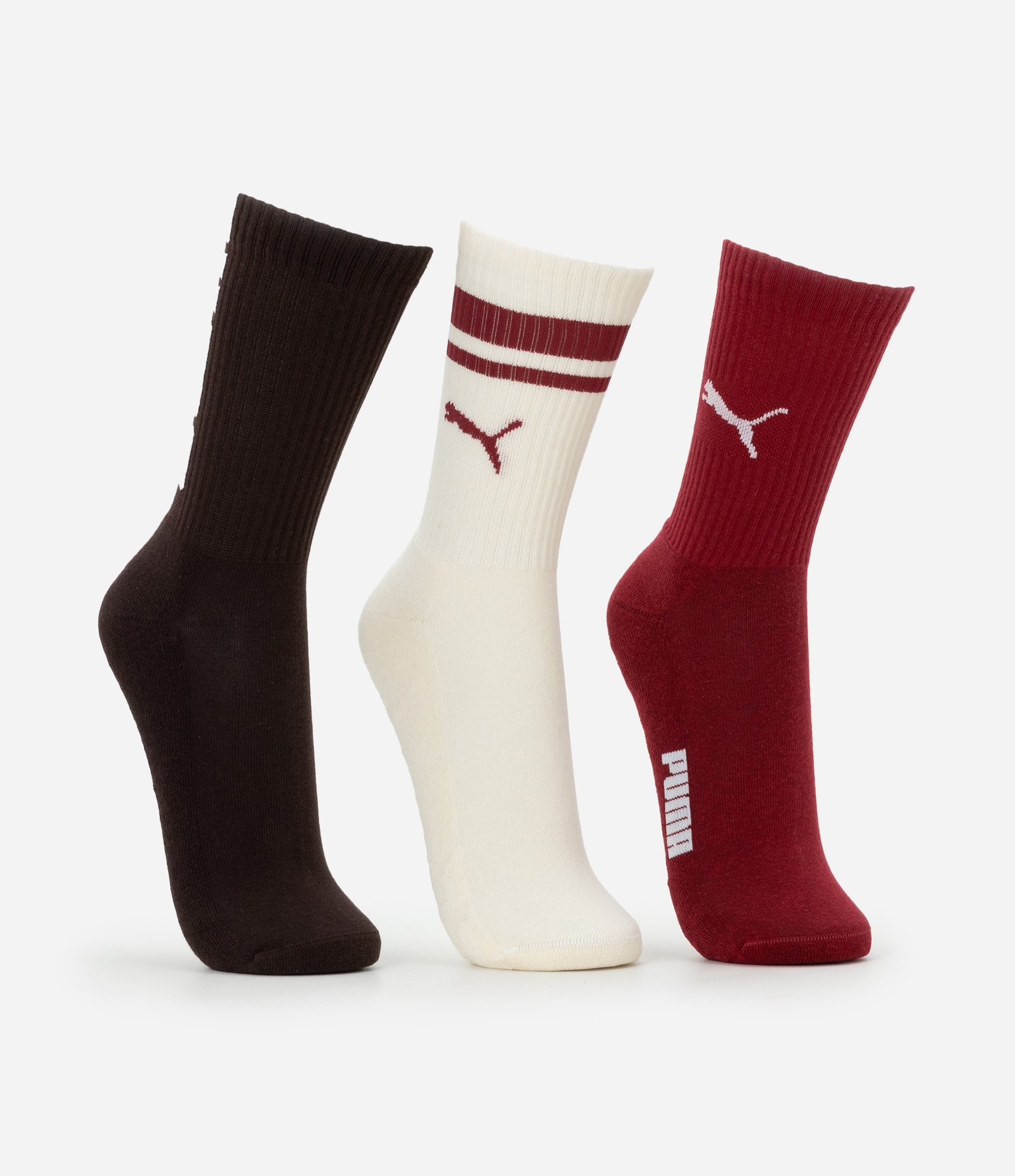 Kit 03 Meias Cano Alto Esportiva em Algodão Puma Marrom/Off White/Bordo 2