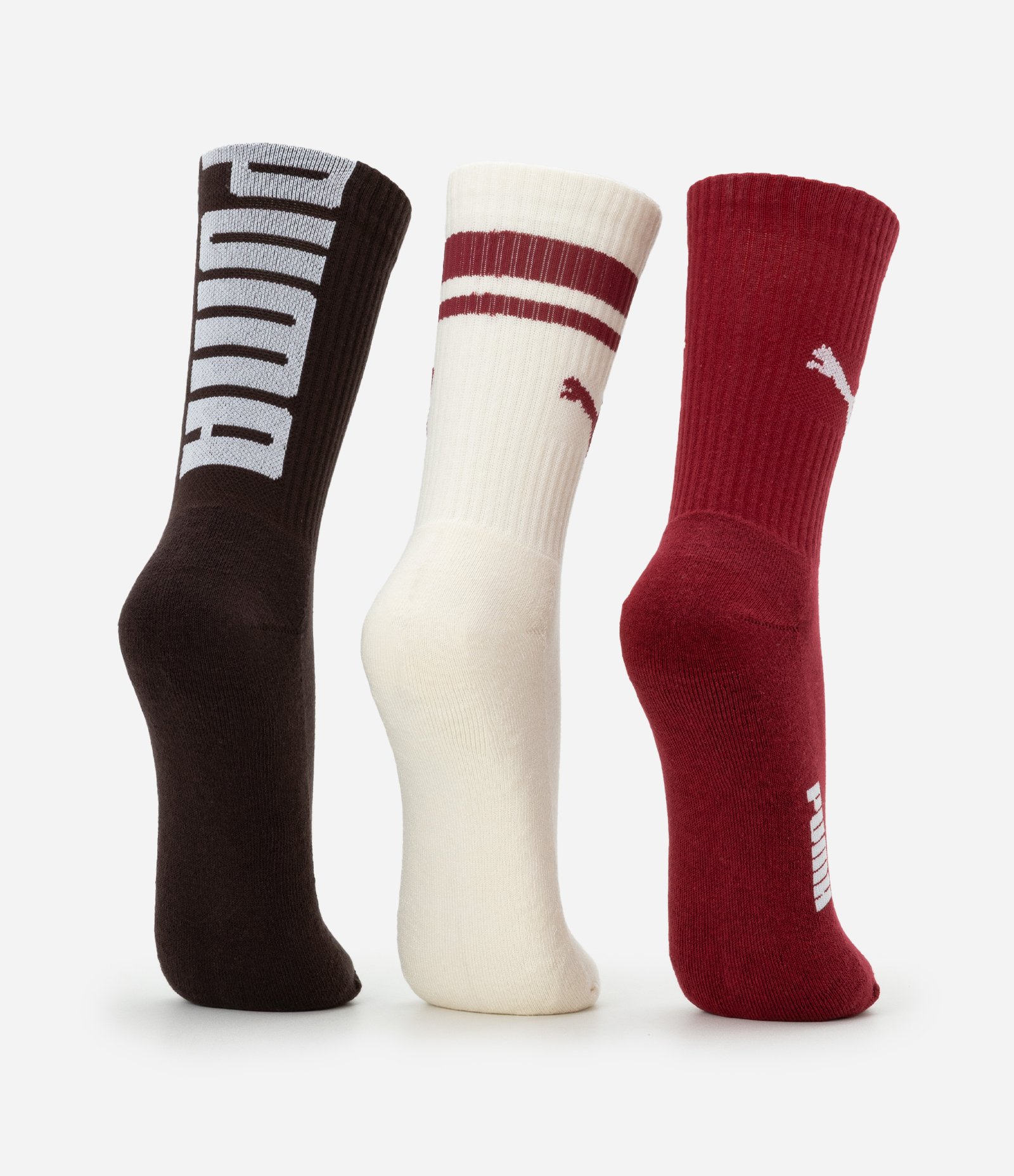 Kit 03 Meias Cano Alto Esportiva em Algodão Puma Marrom/Off White/Bordo 3