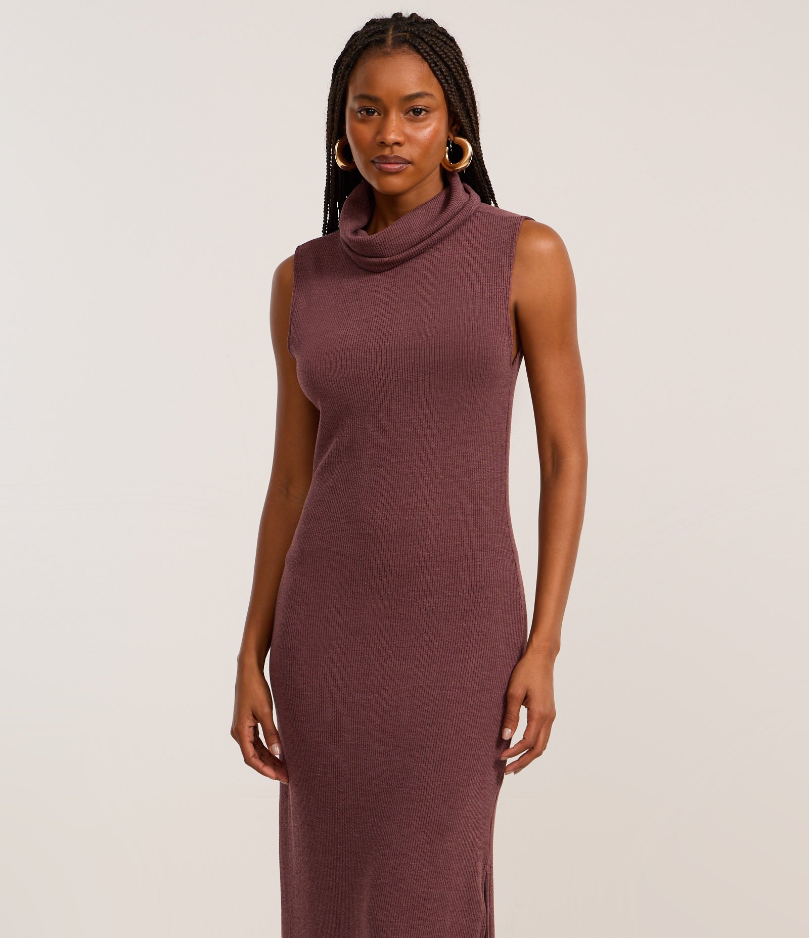 Vestido Long Midi em Anaruga com Gola Alta Marrom Avermelhado 2