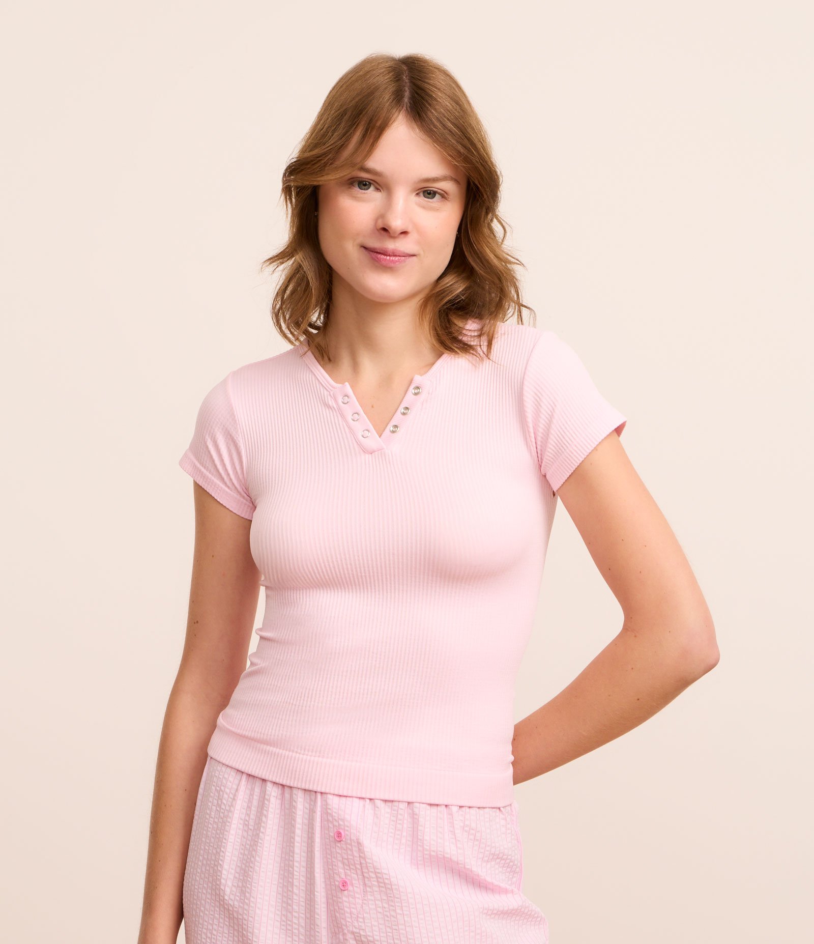 Blusa de Pijama em Ribana com Botões no Decote Rosa 1