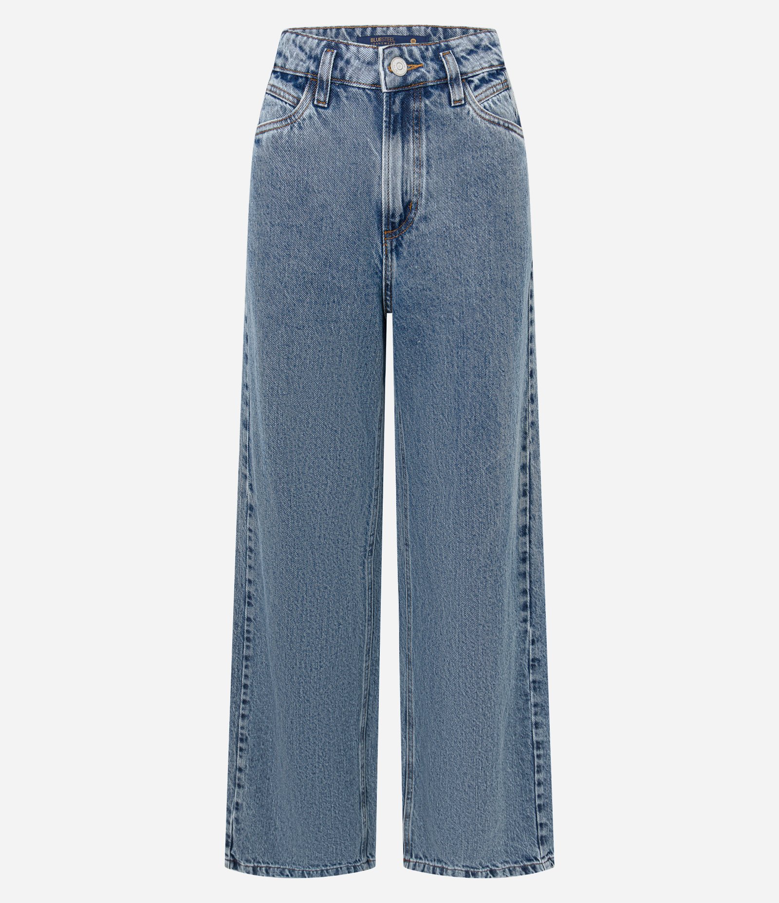 Calça Wide Leg em Jeans com Recorte na Pala Azul Médio 7