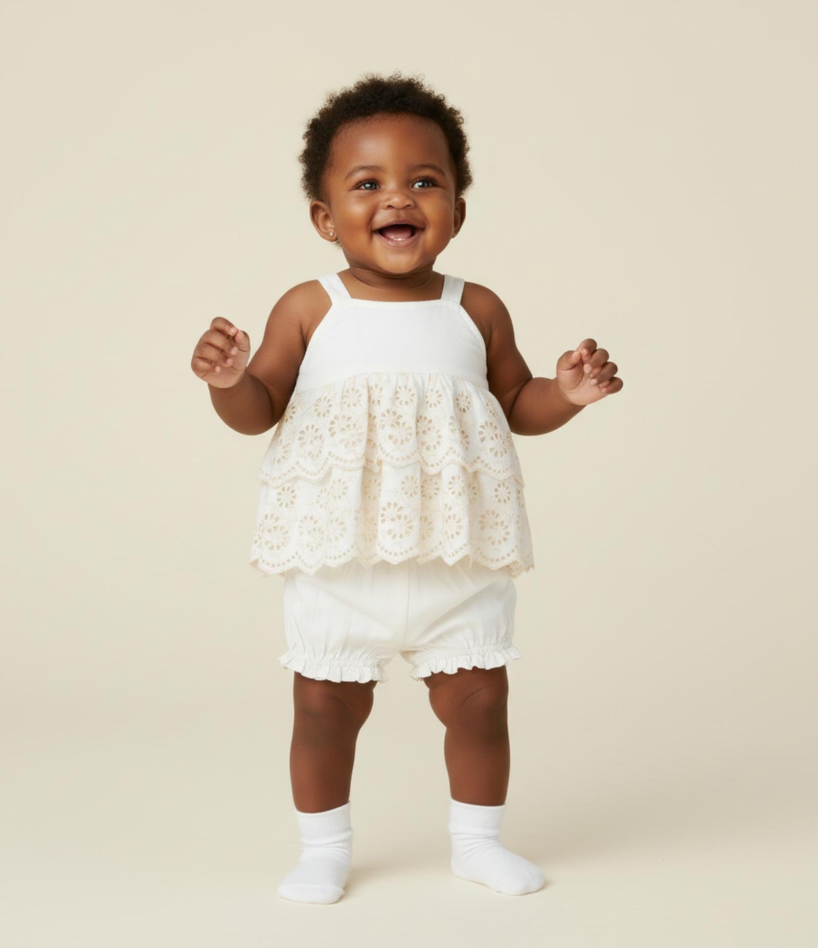 Conjunto Infantil Curto em Tricoline com Babados - Tam 3 a 18 Meses Off White 1