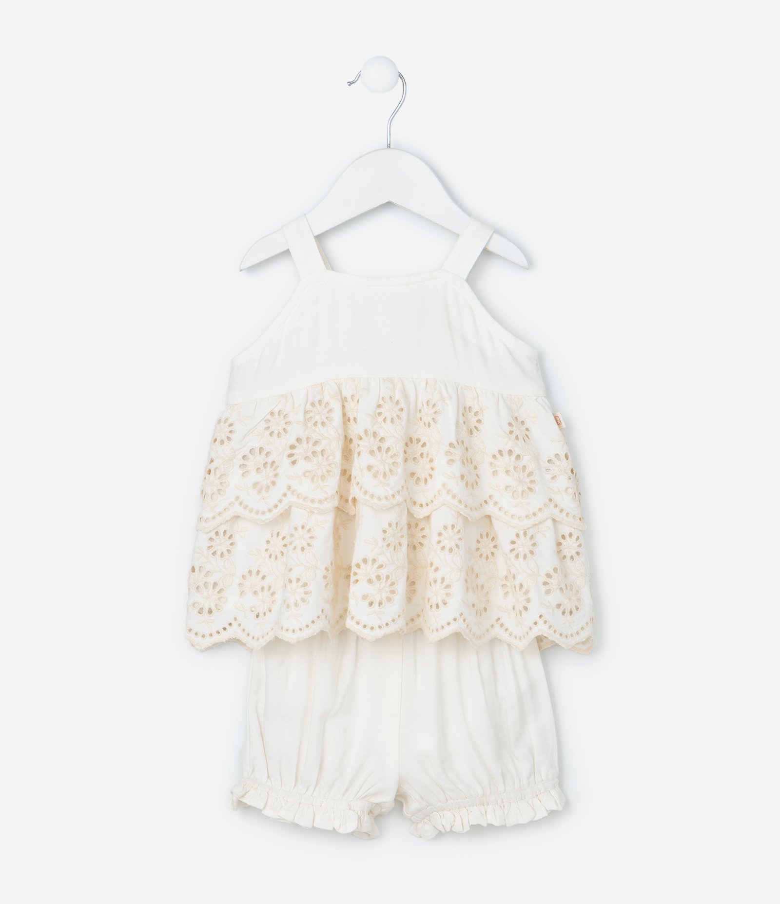 Conjunto Infantil Curto em Tricoline com Babados - Tam 3 a 18 Meses Off White 2