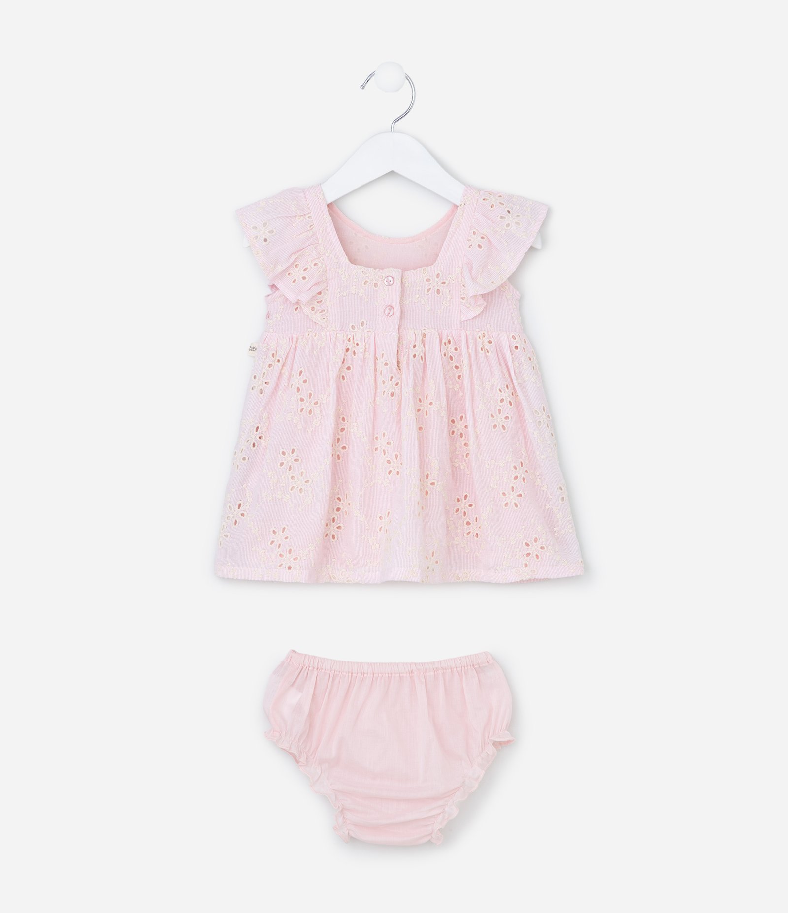 Vestido Infantil em Broderie com Babadinhos e Calcinha - Tam 3 a 18 Meses Rosa 1