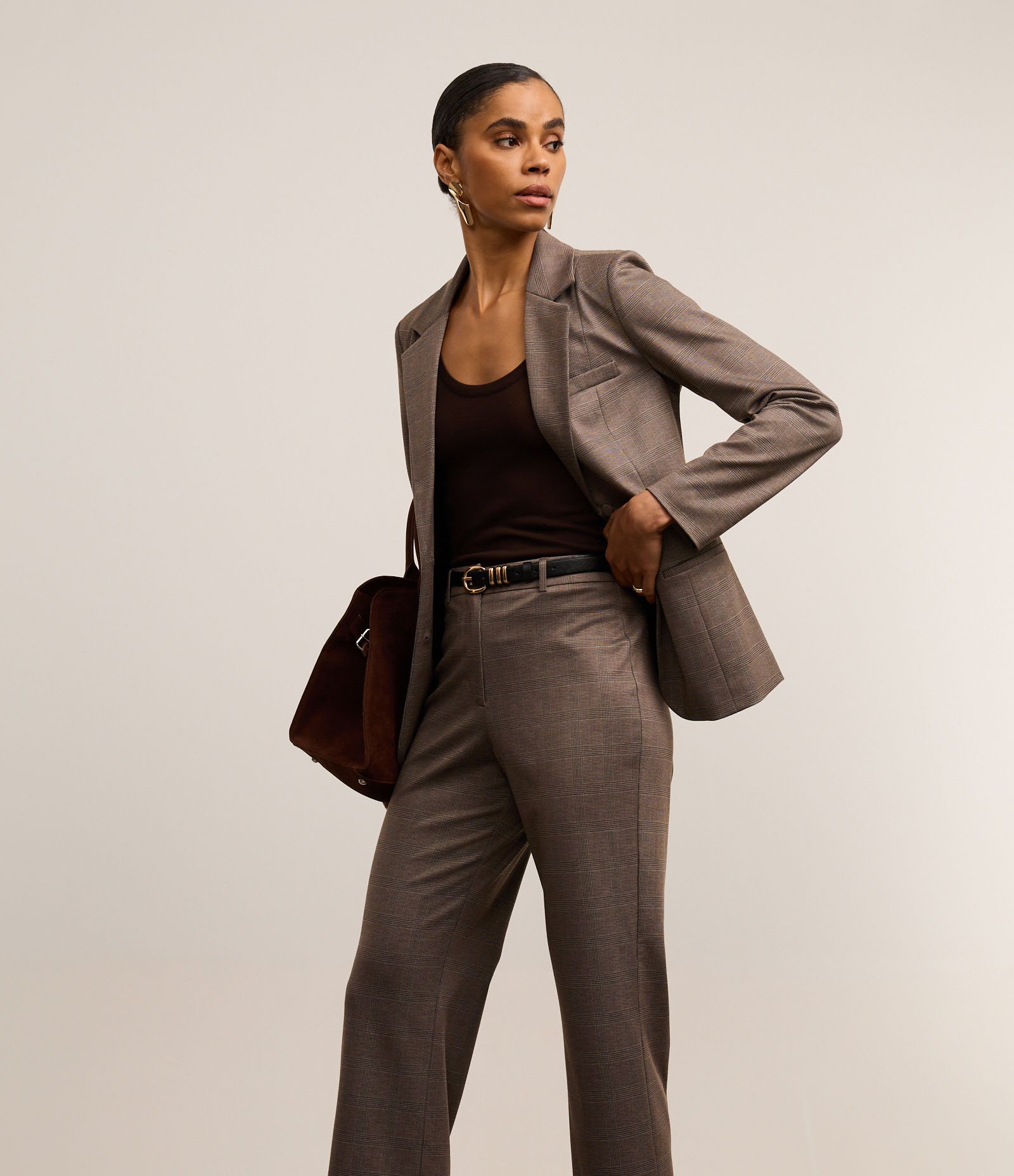 Calça Reta em Ponto Roma Xadrez com Cintura Baixa Cinza 2