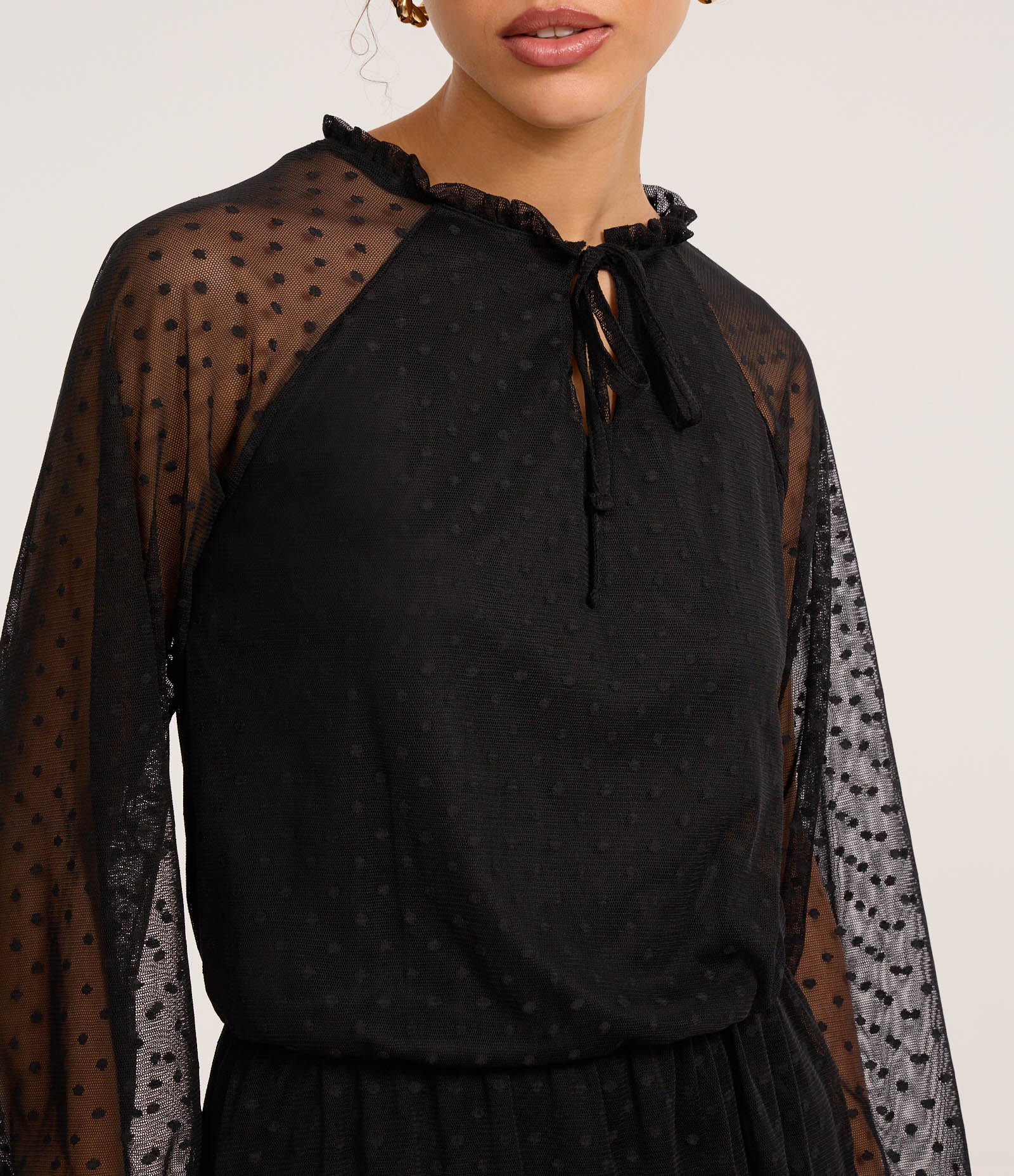 Vestido Curto em Tule em Poá com Sobreposição Preto 3