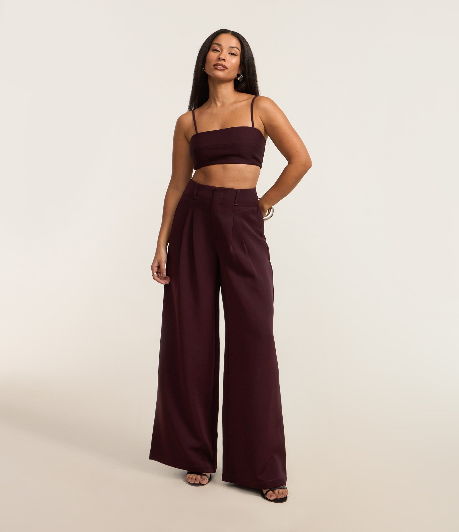 Calça Wide Leg Alfaiatada com Pregas Duplas Bordô 1