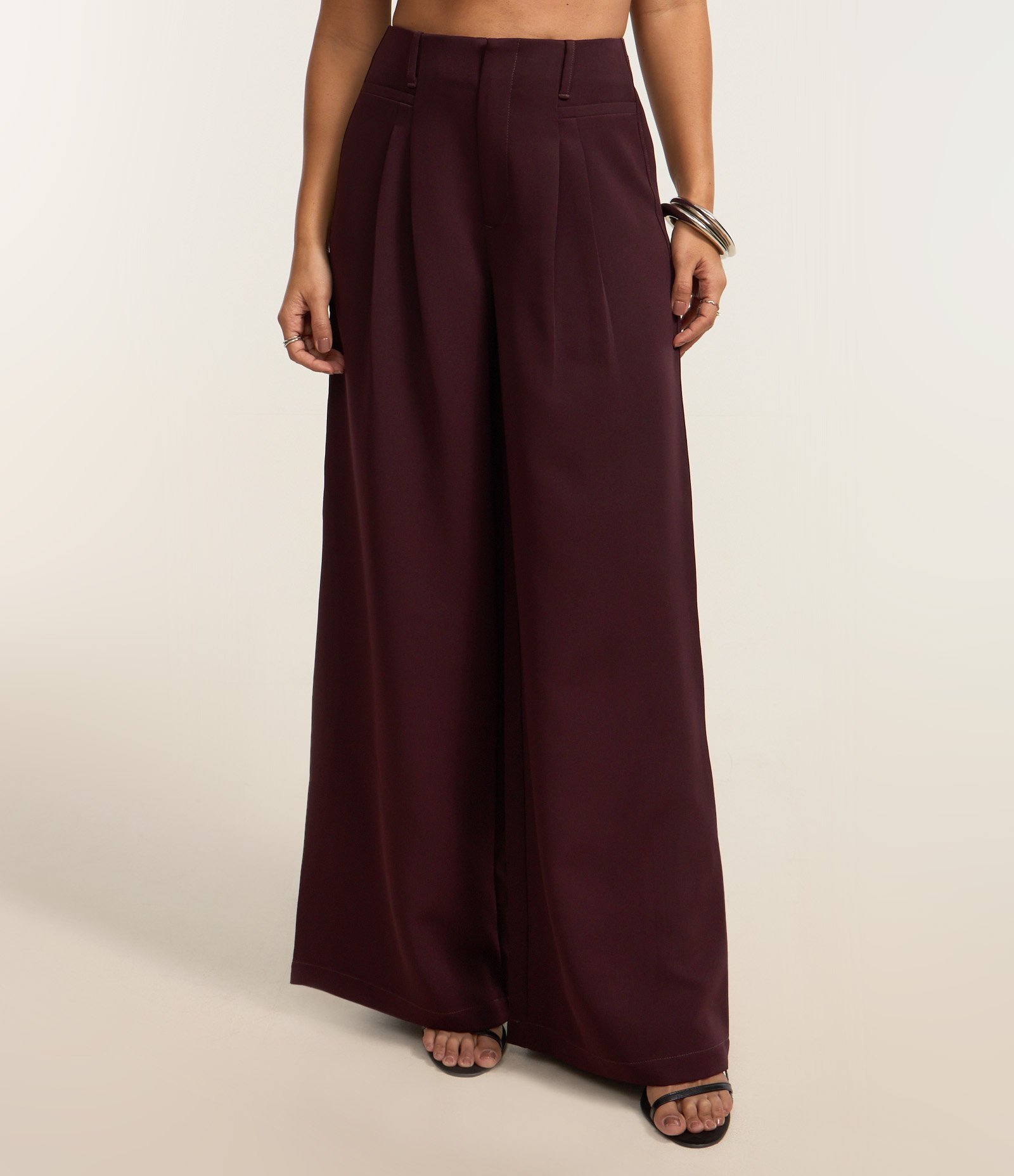 Calça Wide Leg Alfaiatada com Pregas Duplas Bordô 3