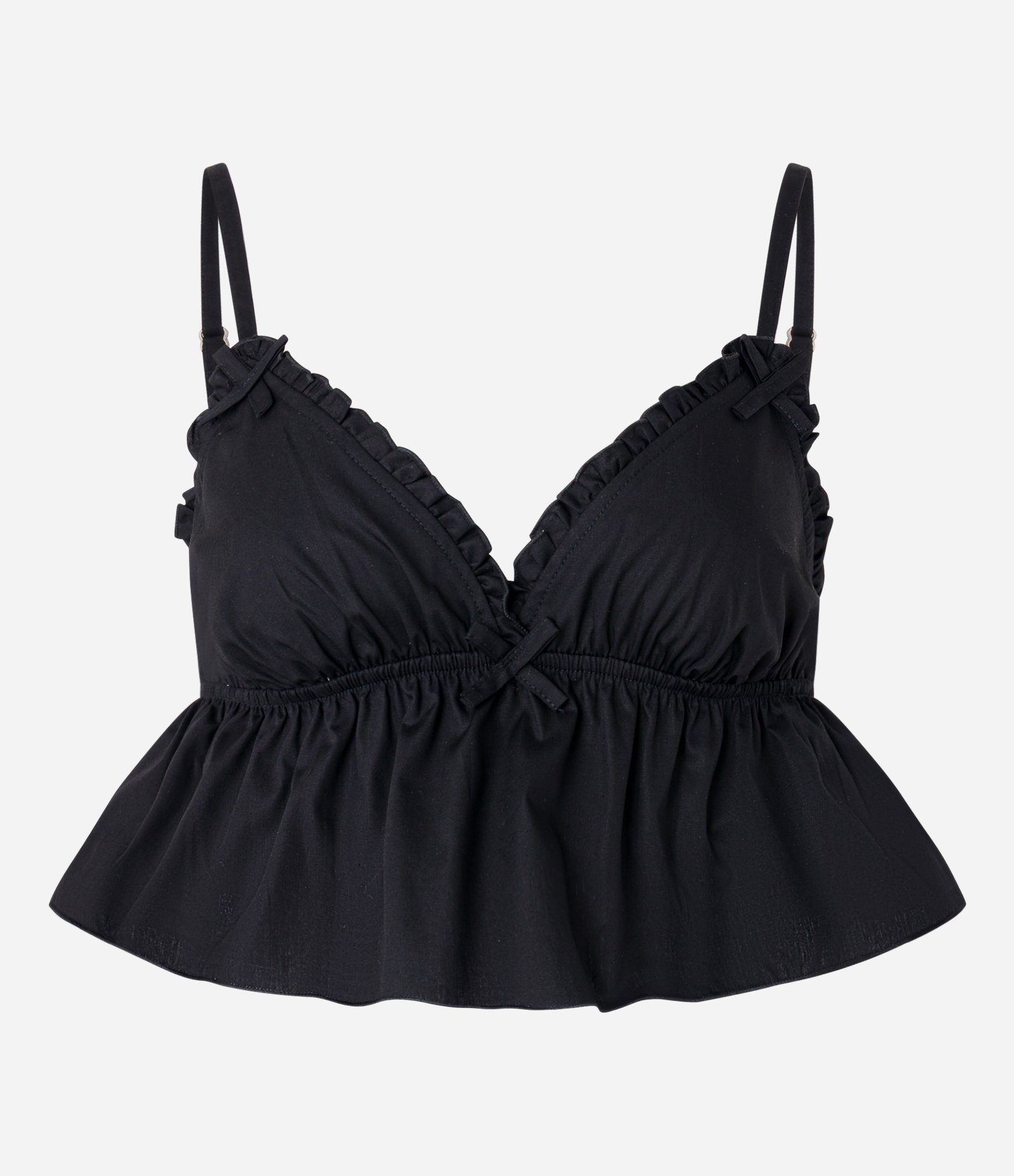 Blusa em Tricoline com Frufru no Decote e Elástico nas Costas Preto 5