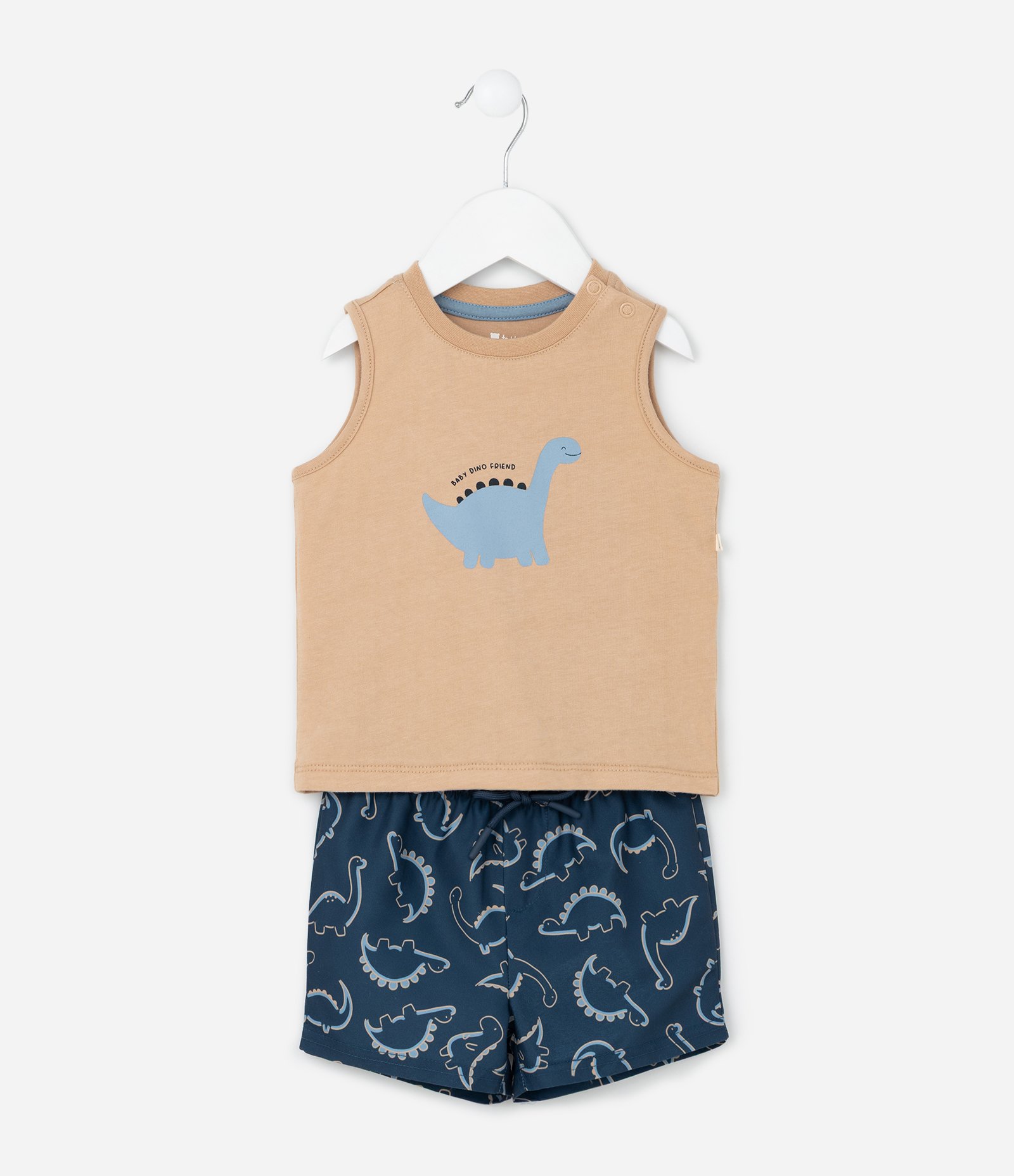Conjunto Infantil com Estampa de Dino - Tam 3 a 18 Meses Bege/Azul 1