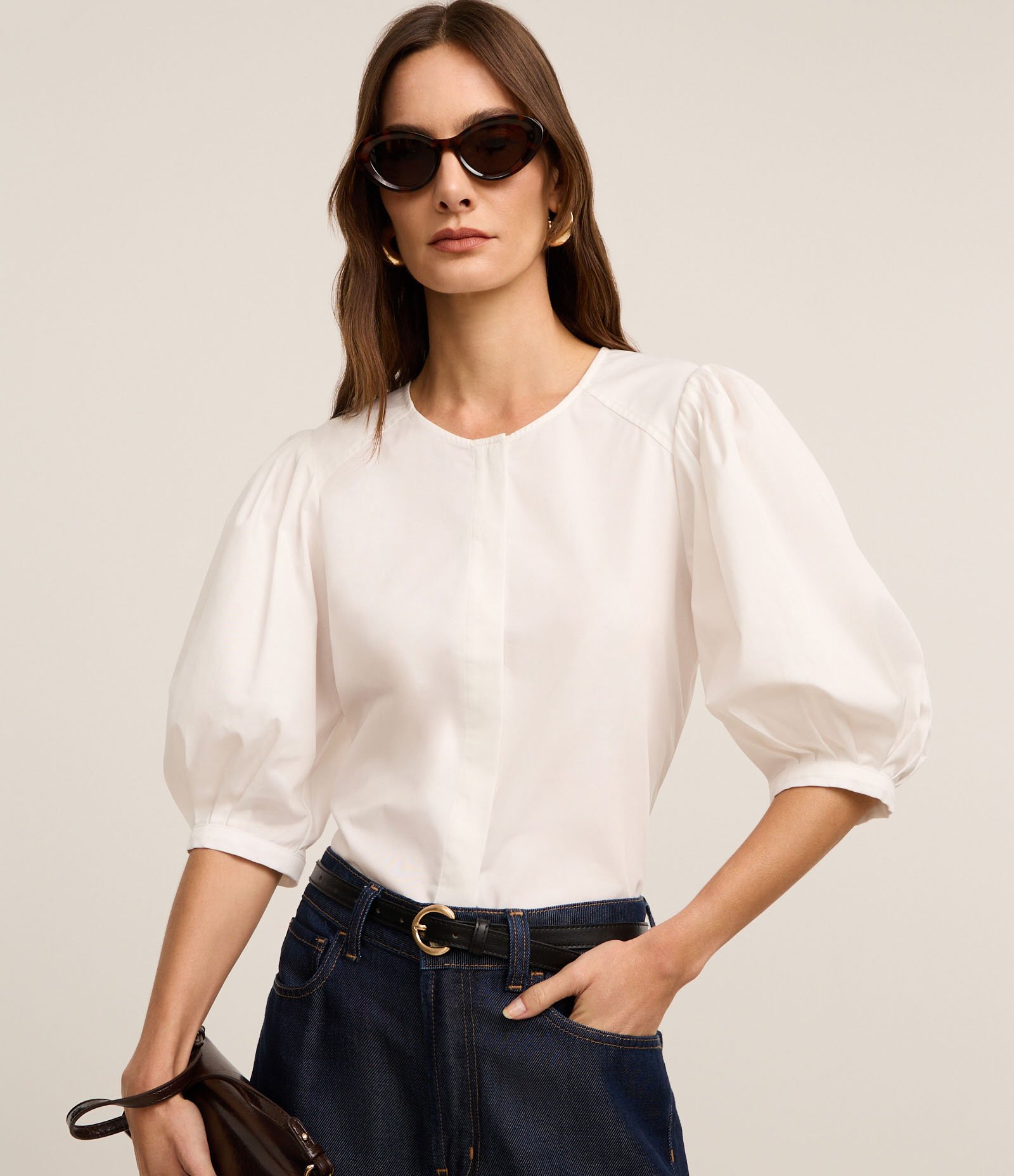 Blusa em Tricoline com Manga Bufante 3/4 Branco 1