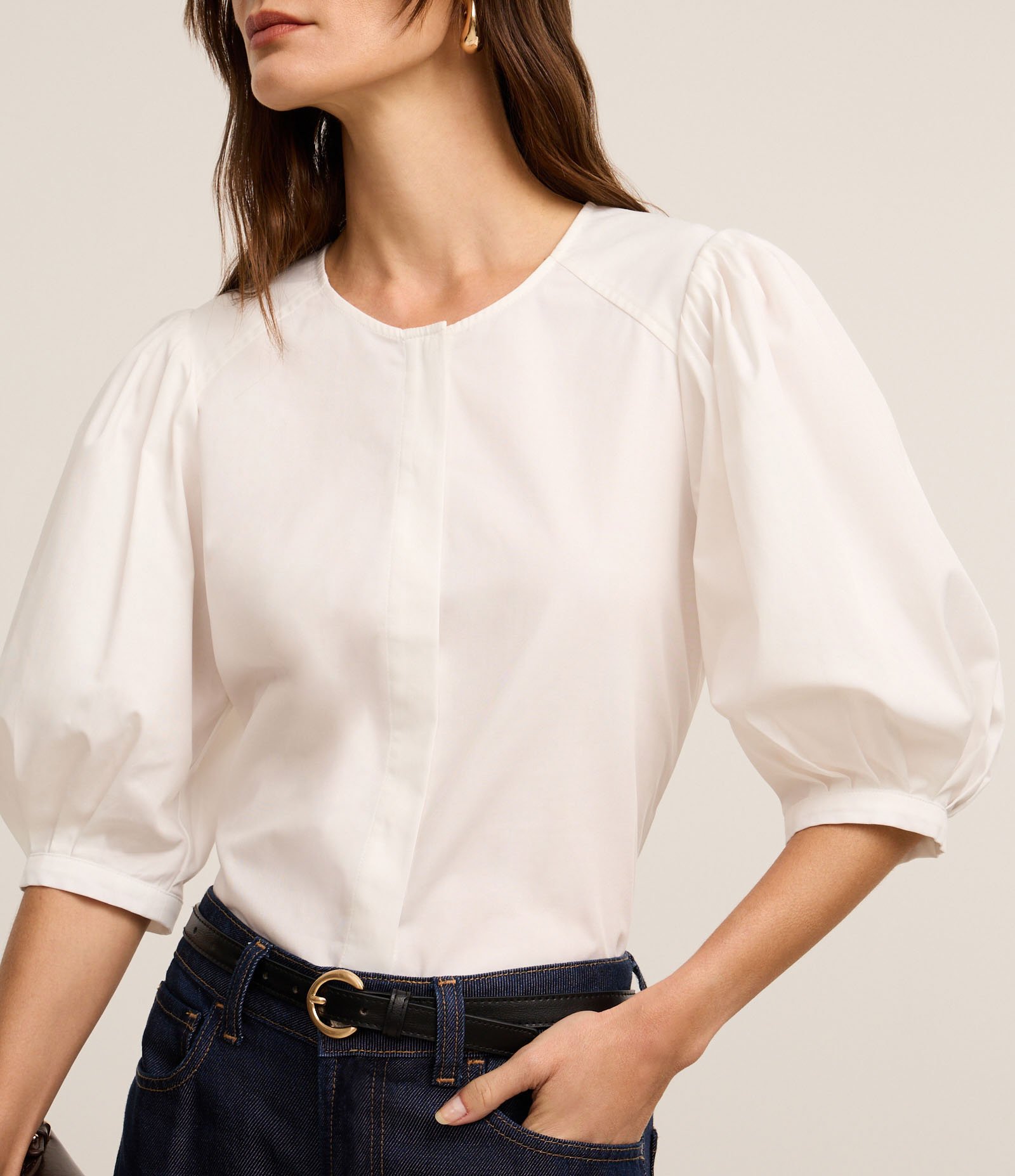 Blusa em Tricoline com Manga Bufante 3/4 Branco 2