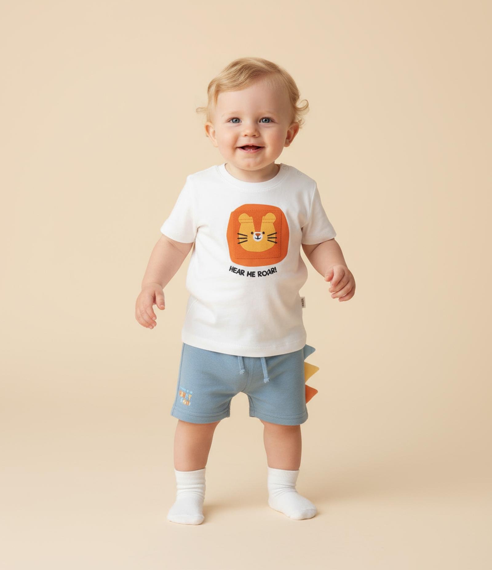 Bermuda Infantil em Moletom com Estampa Interativa Dino - Tam 0 a 18 Meses Azul 1