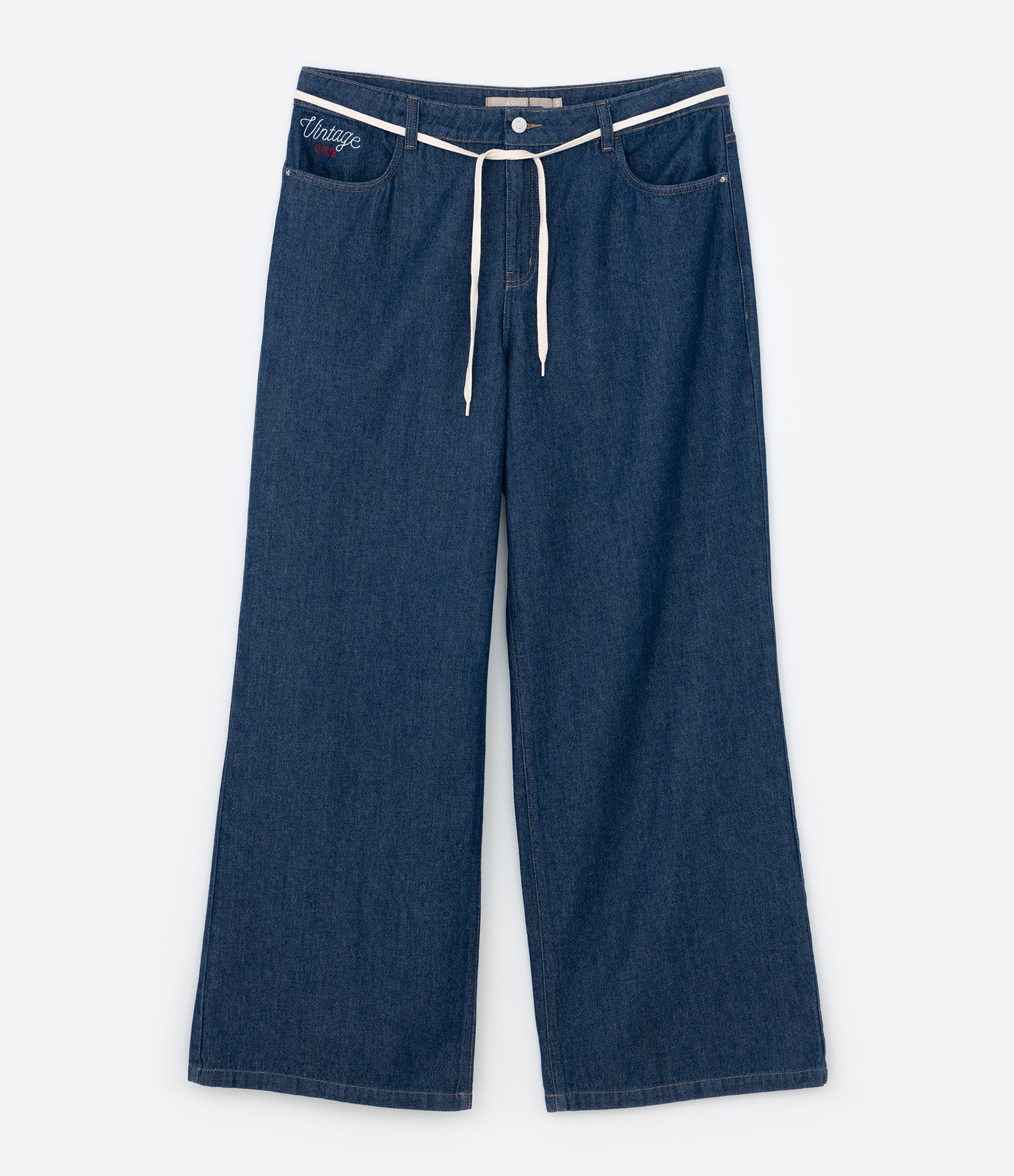 Calça Wide Leg Jeans com Bordado e Cordão Curve & Plus Size Azul 7