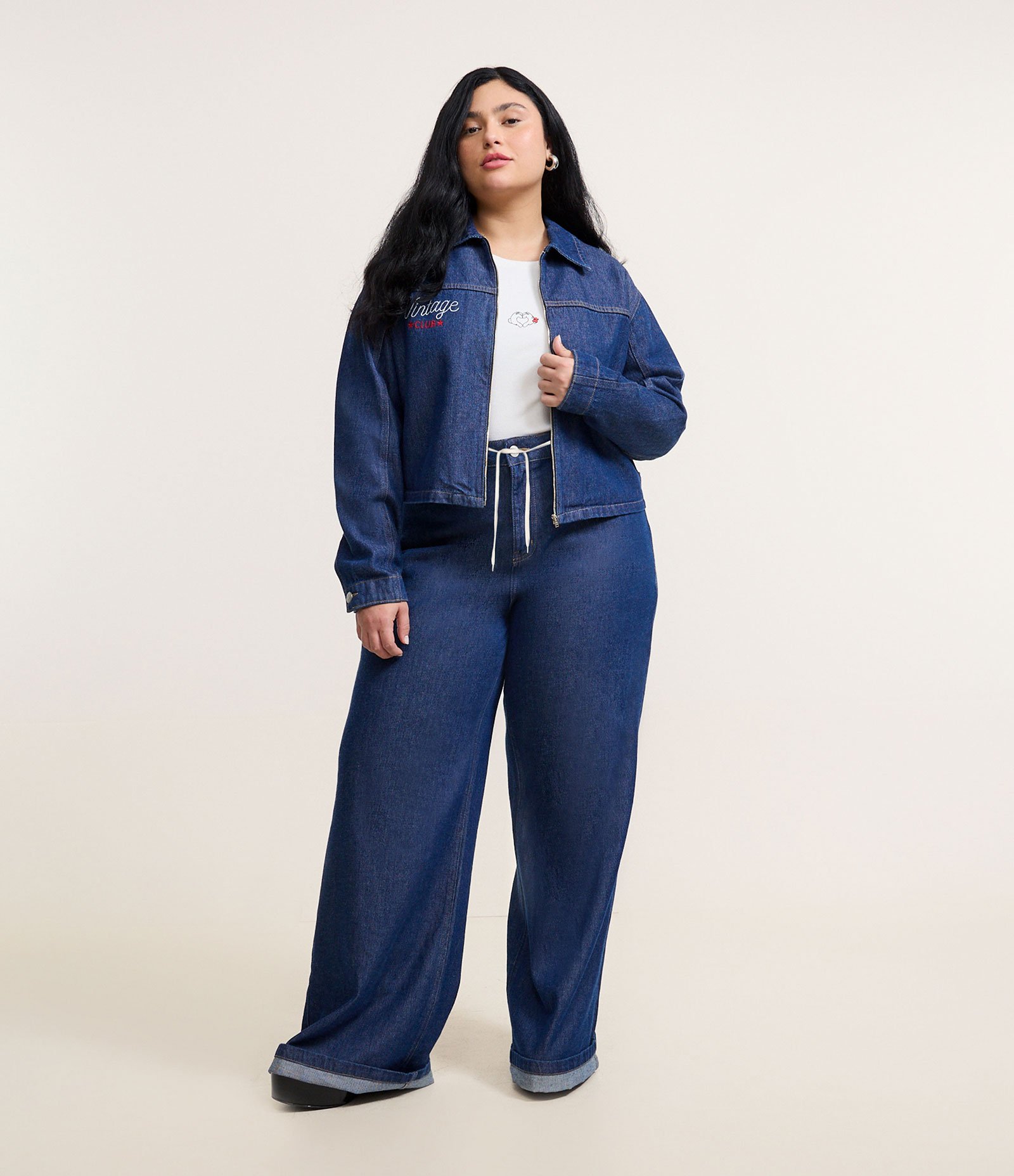 Calça Wide Leg Jeans com Bordado e Cordão Curve & Plus Size Azul 2