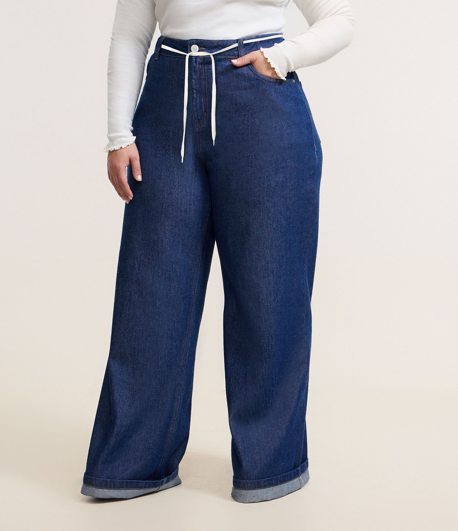 Calça Wide Leg Jeans com Bordado e Cordão Curve & Plus Size Azul 3