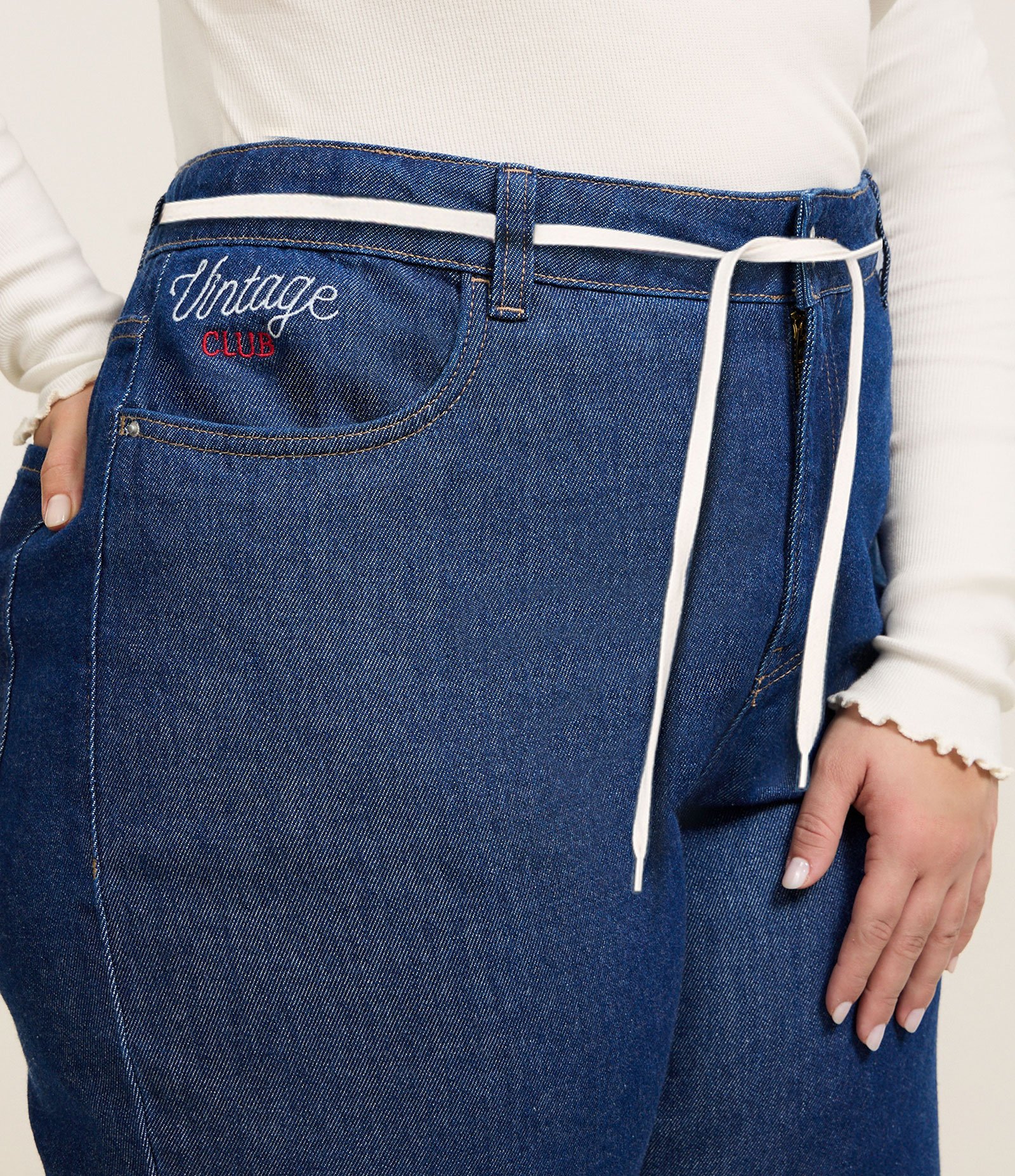 Calça Wide Leg Jeans com Bordado e Cordão Curve & Plus Size Azul 5