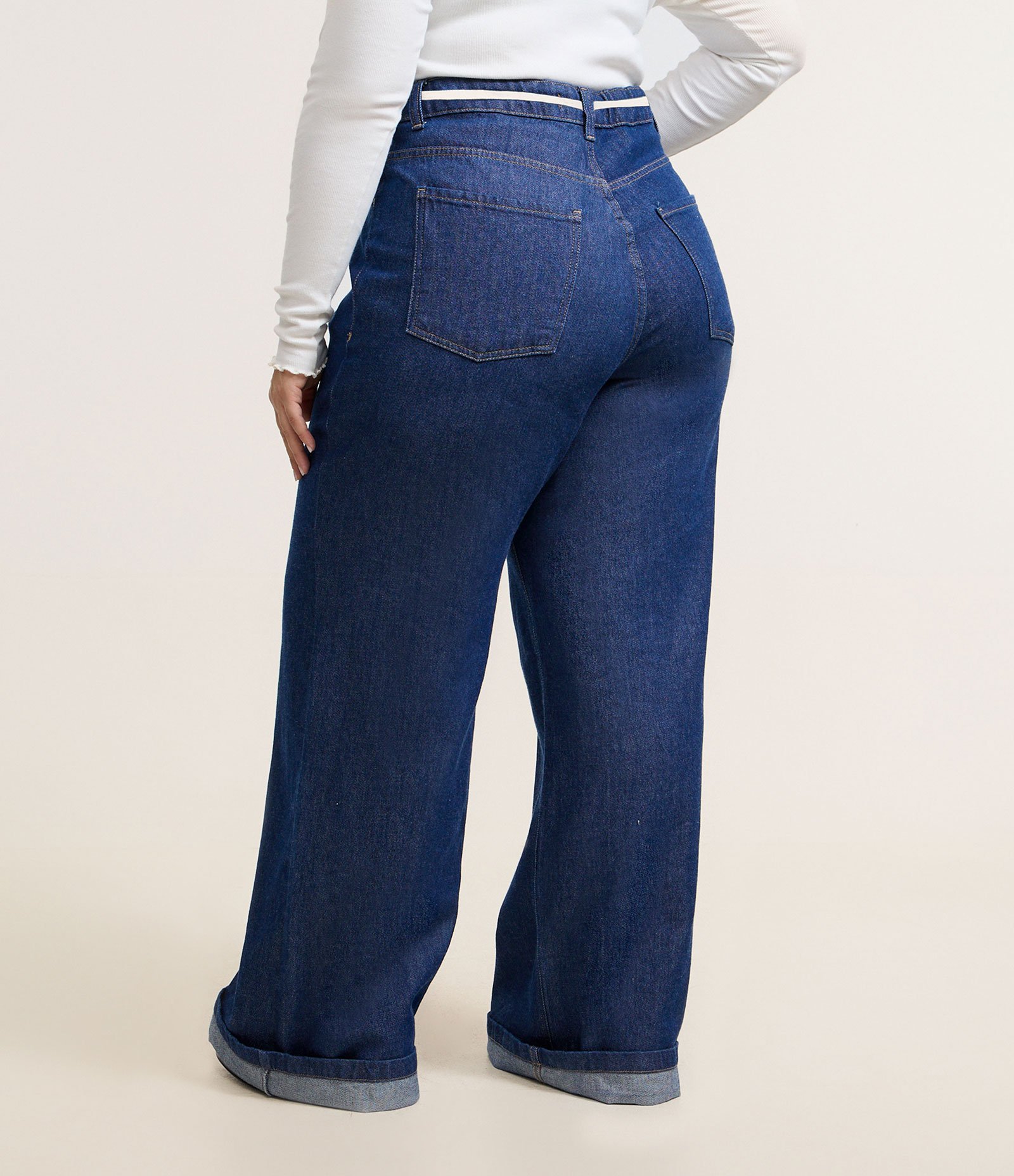 Calça Wide Leg Jeans com Bordado e Cordão Curve & Plus Size Azul 6