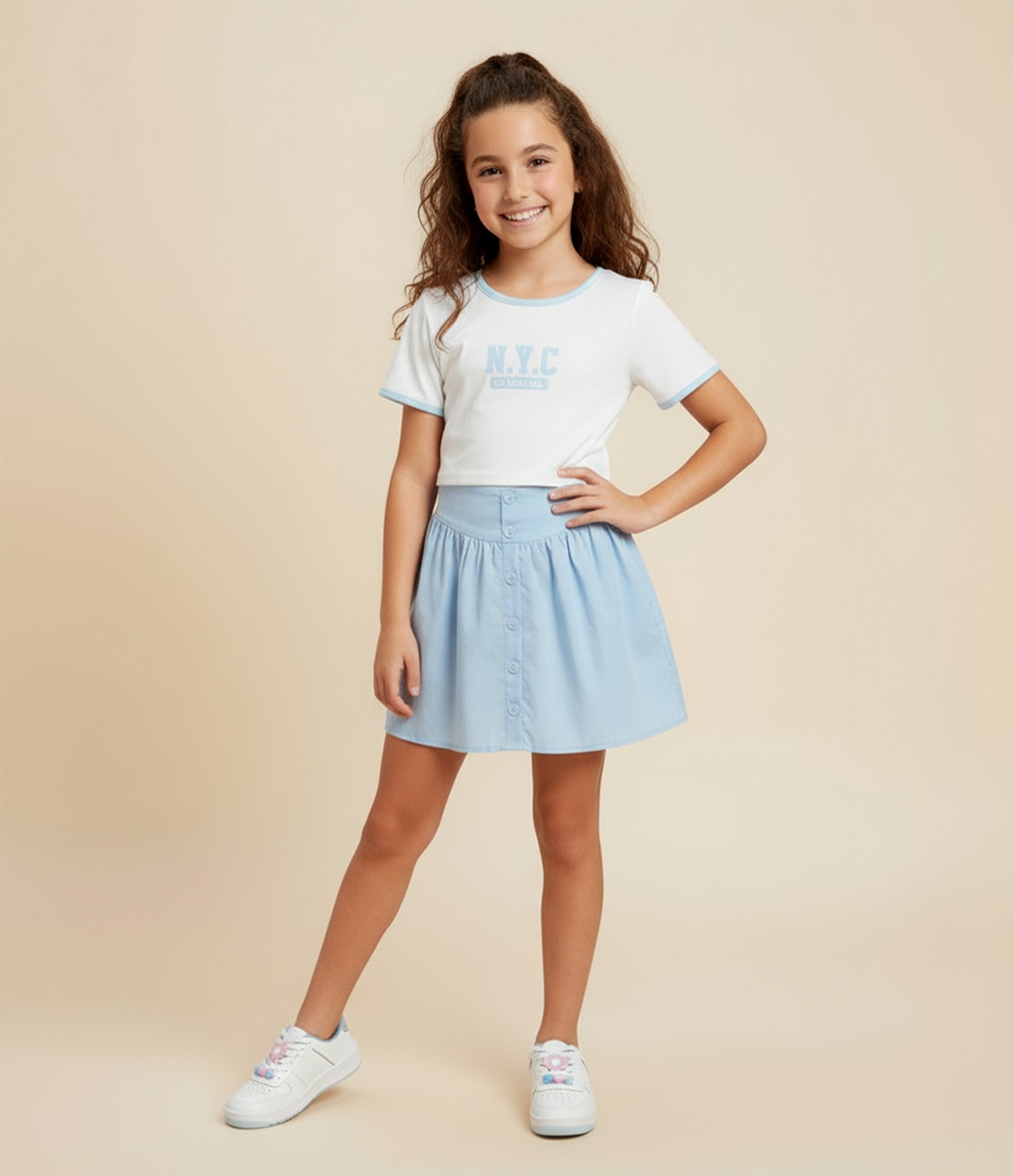 Saia Infantil em Tricoline com Botões e Pregas - Tam 5 a 14 Anos Azul 1