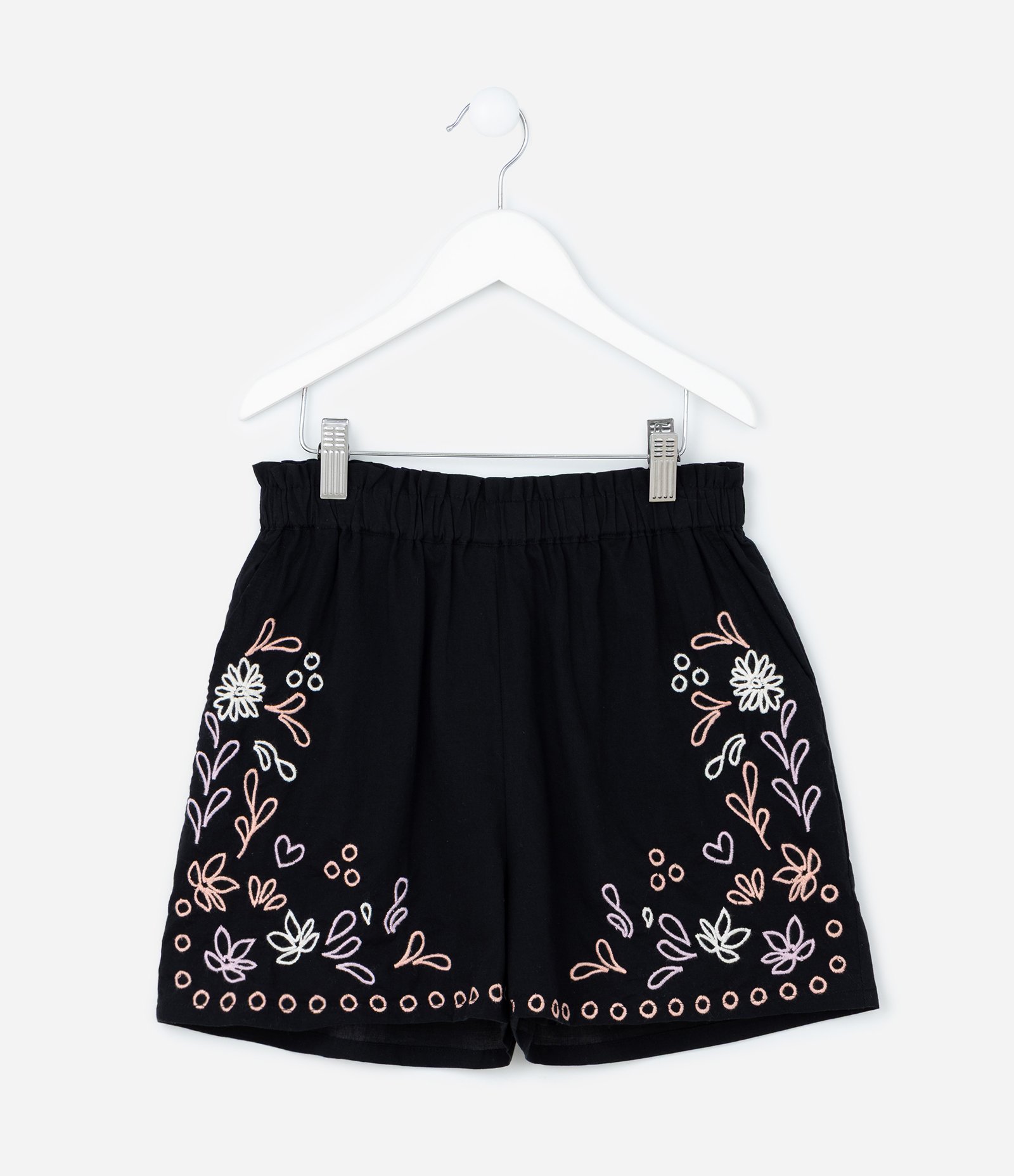 Bermuda Infantil em Tricoline com Bordados - Tam 5 -a 14 Anos Preto 2