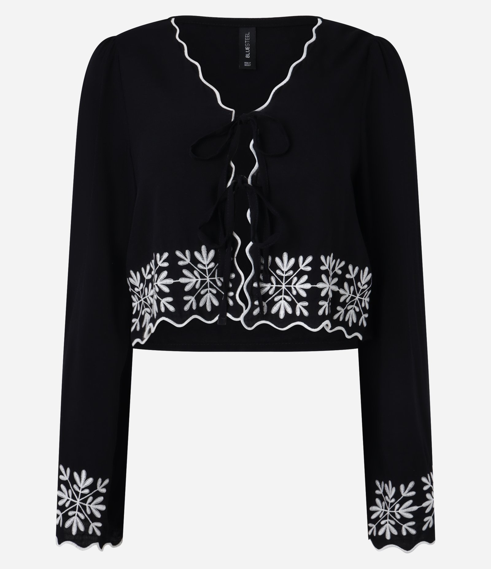 Blusa em Tricoline com Amarração e Bordado na Barra e Punhos Preto 3