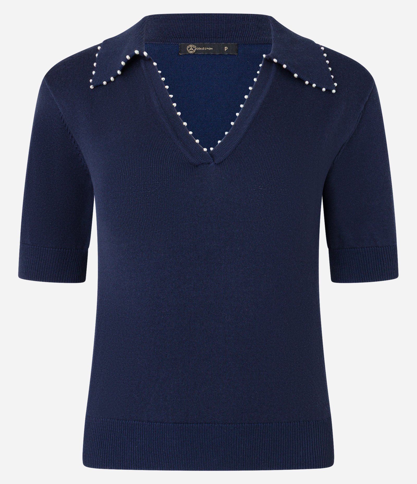 Blusa Polo em Tricô com Mini Pérolas no Decote V Azul Marinho 7