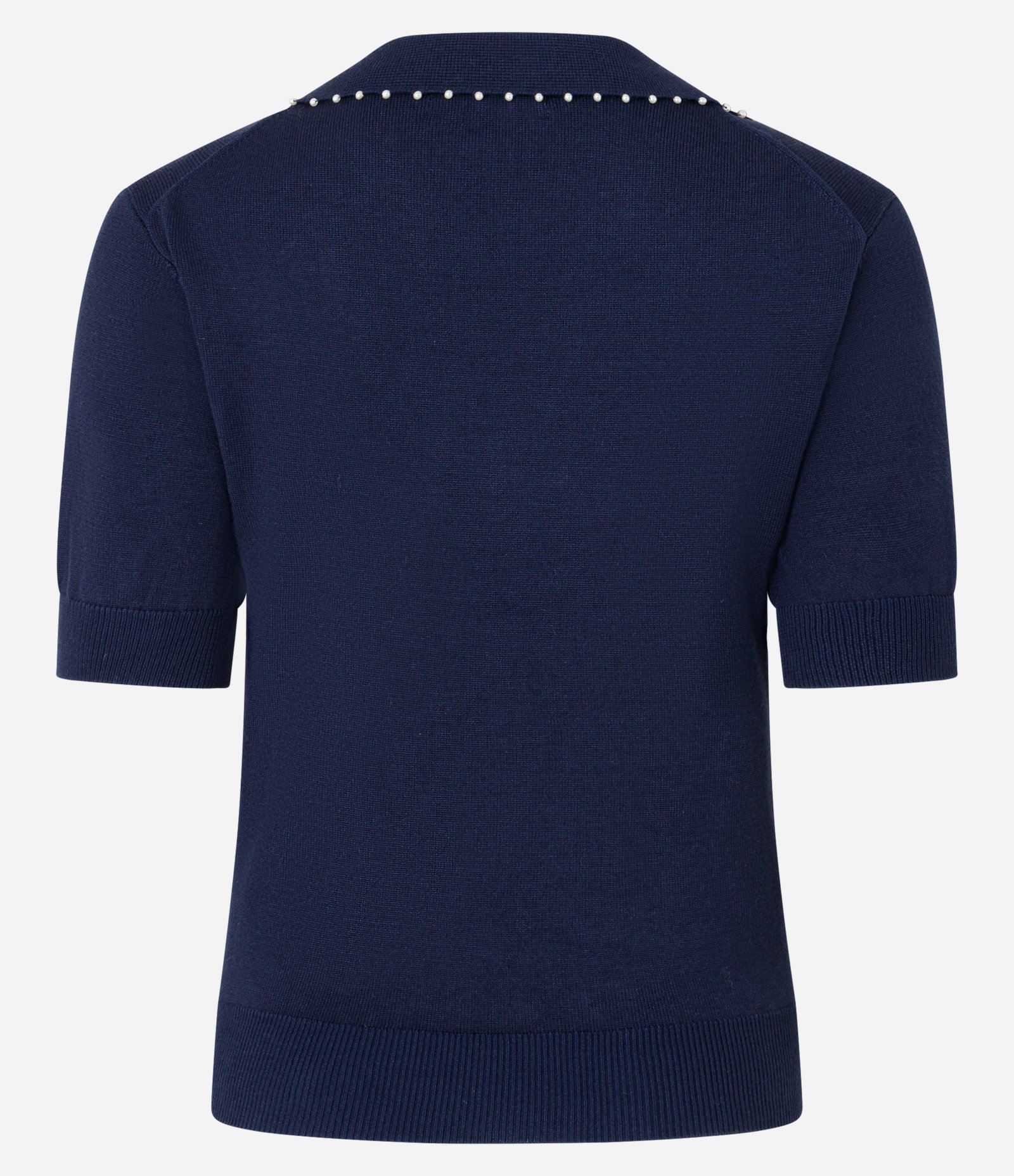 Blusa Polo em Tricô com Mini Pérolas no Decote V Azul Marinho 9
