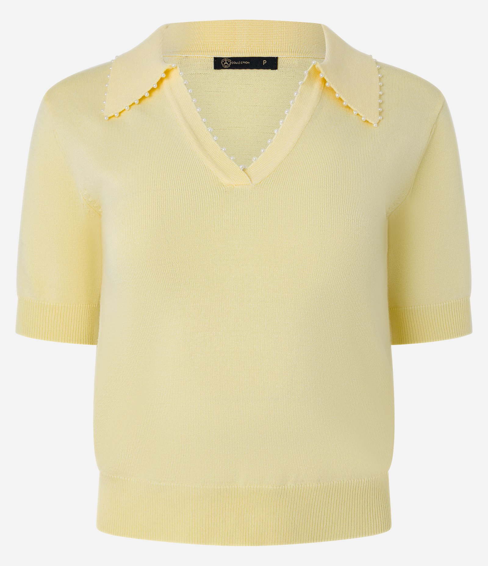 Blusa Polo em Tricô com Mini Pérolas no Decote V Amarelo 7