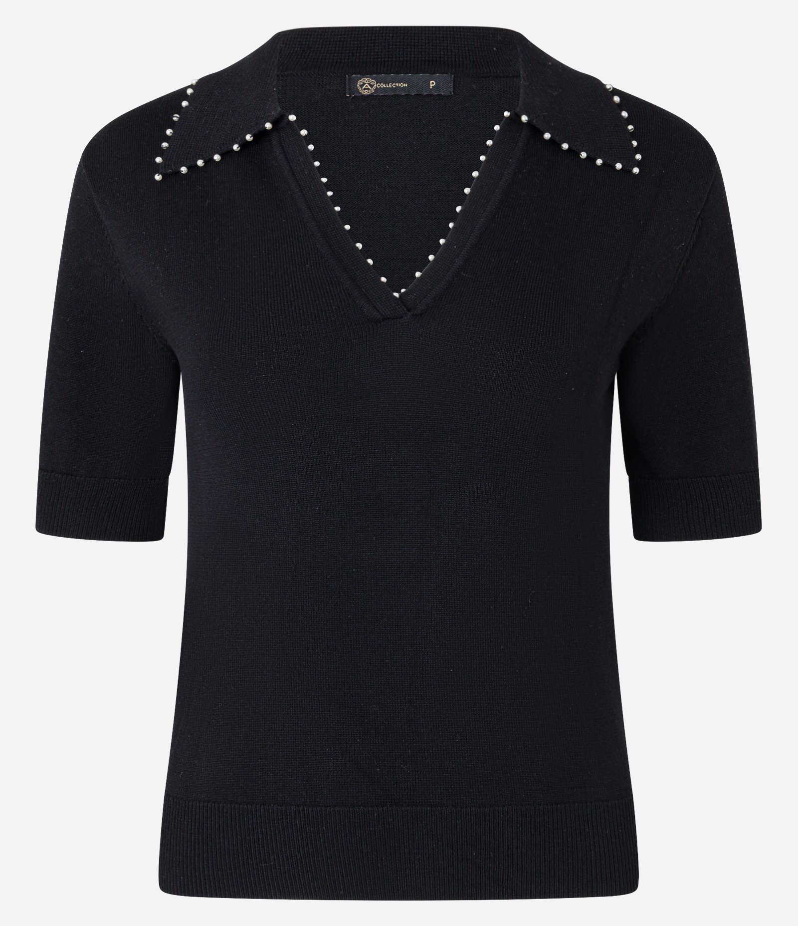 Blusa Polo em Tricô com Mini Pérolas no Decote V Preto 1