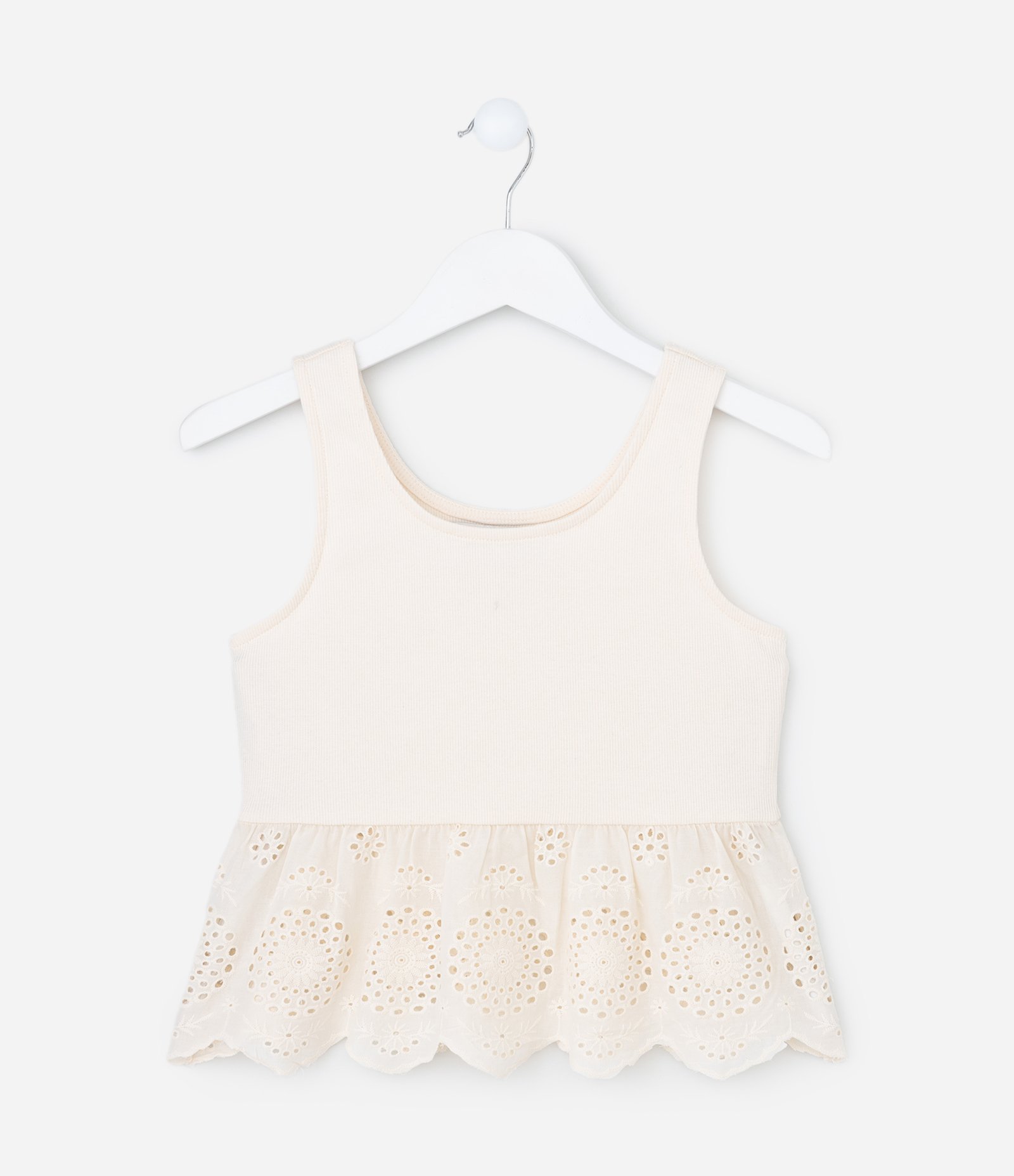 Blusa Canelada Infantil com Babado em Broderie - Tam 5 a 14 Anos Bege 2