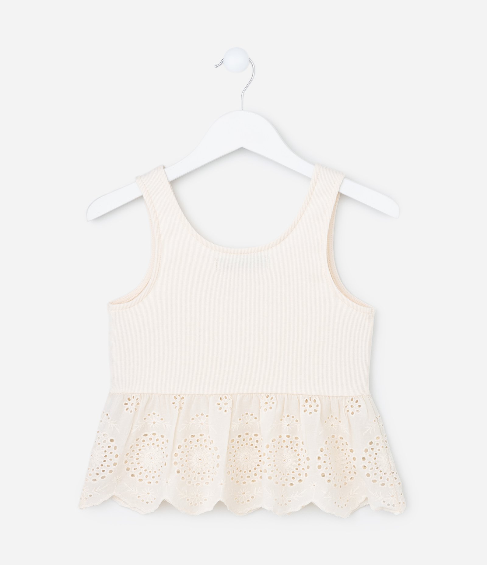 Blusa Canelada Infantil com Babado em Broderie - Tam 5 a 14 Anos Bege 3
