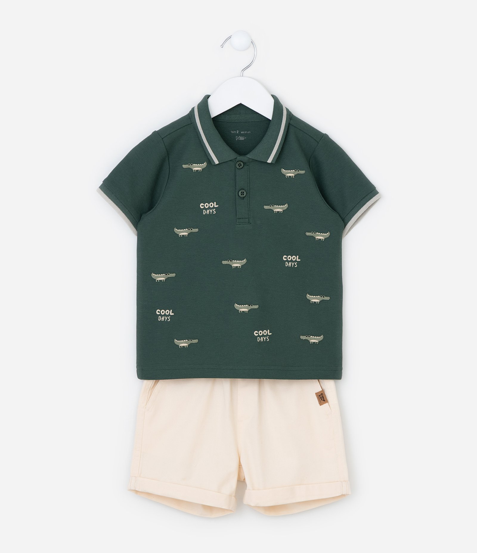 Conjunto Infantil em Piquet com Bordado Jacaré - Tam 1 a 6 Anos Verde/Bege 2