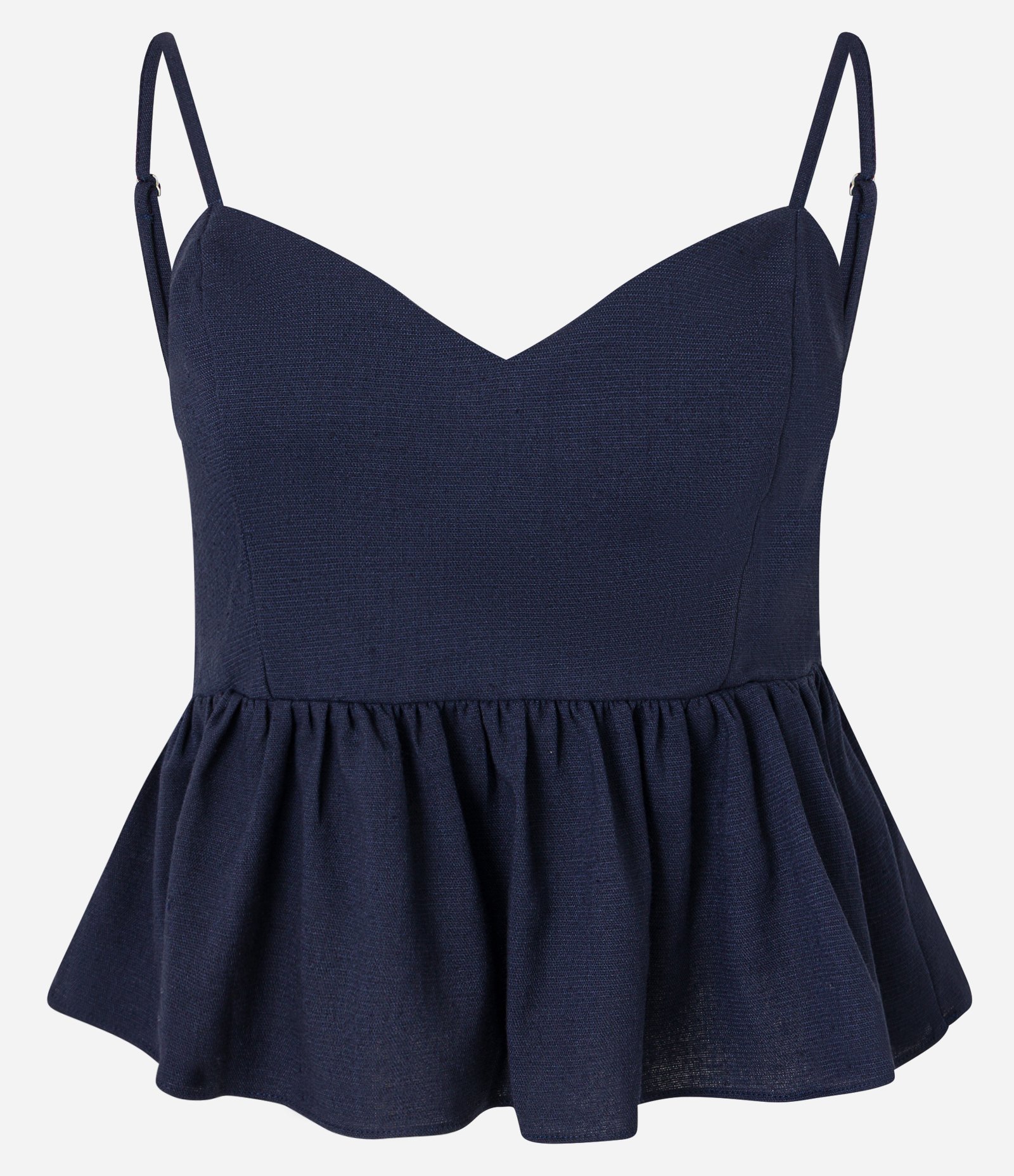 Blusa de Alça em Viscose e Linho com Babado na Barra Azul Marinho 7