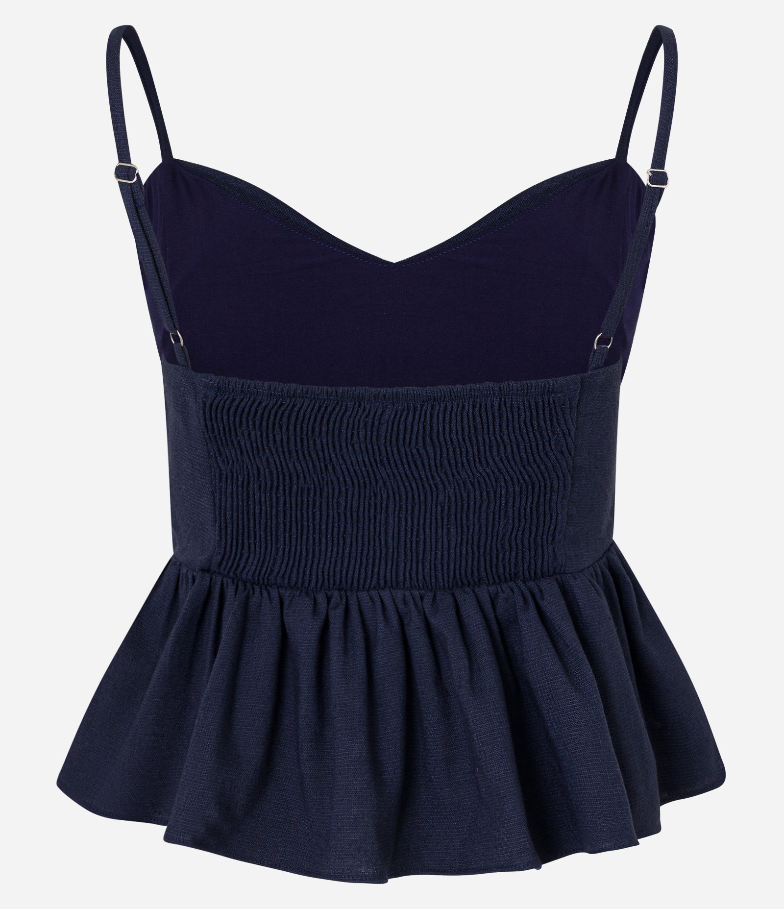 Blusa de Alça em Viscose e Linho com Babado na Barra Azul Marinho 8