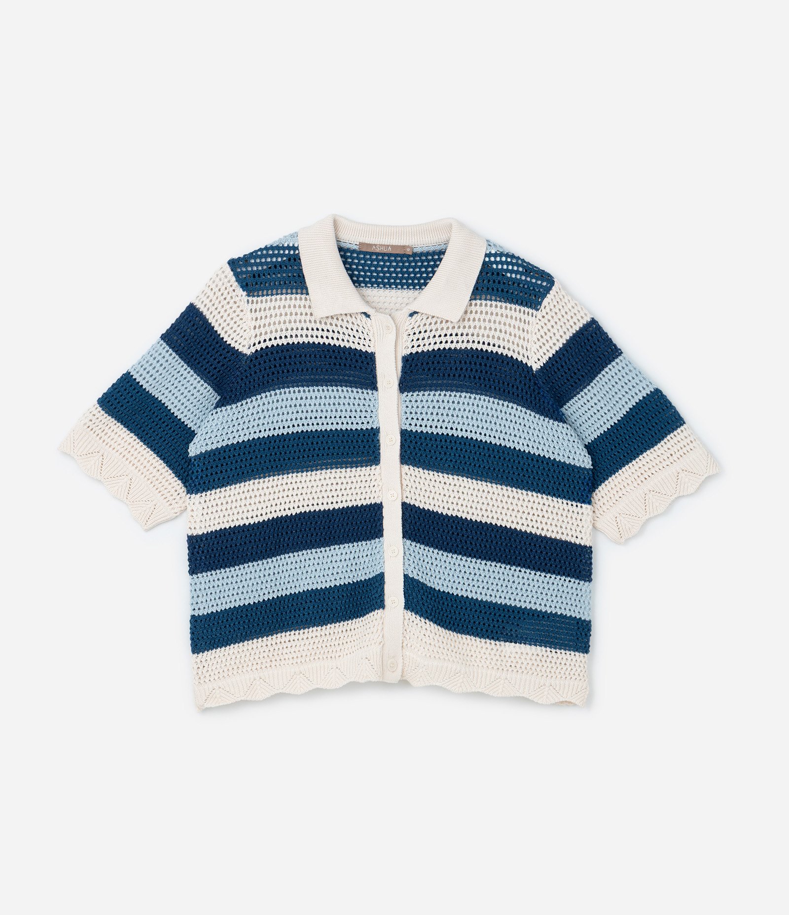 Blusa Efeito Crochê Listrada com Botões Curve & Plus Size Azu/Branco 4