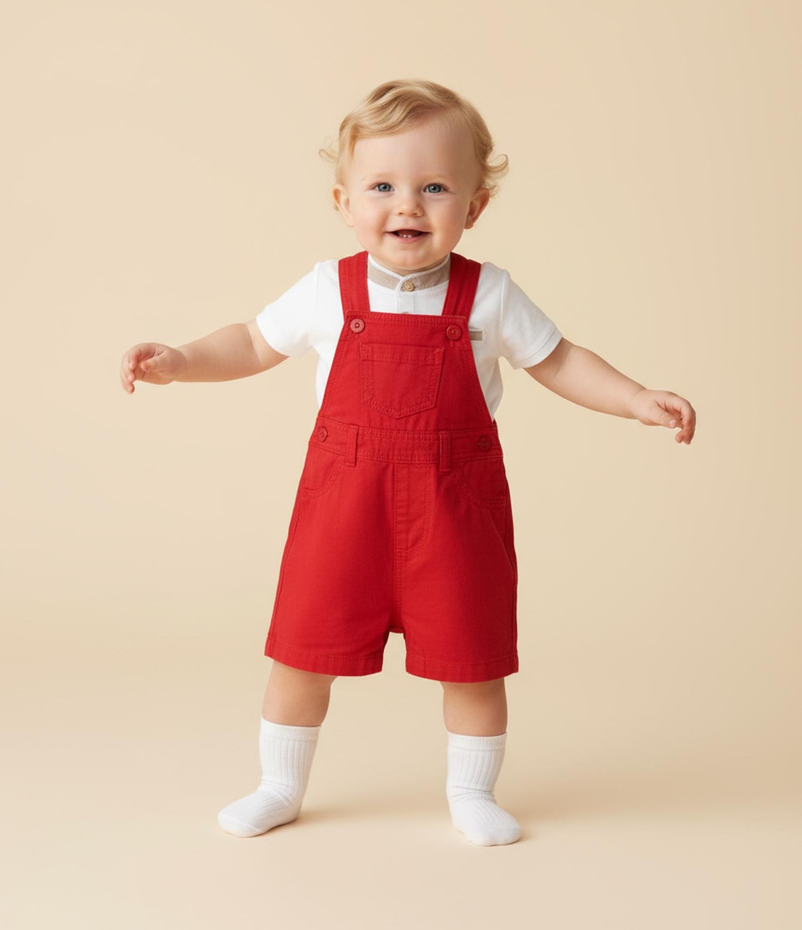 Jardineira Infantil em Sarja com Bolsos - Tam 0 a 18 Meses Vermelho 1