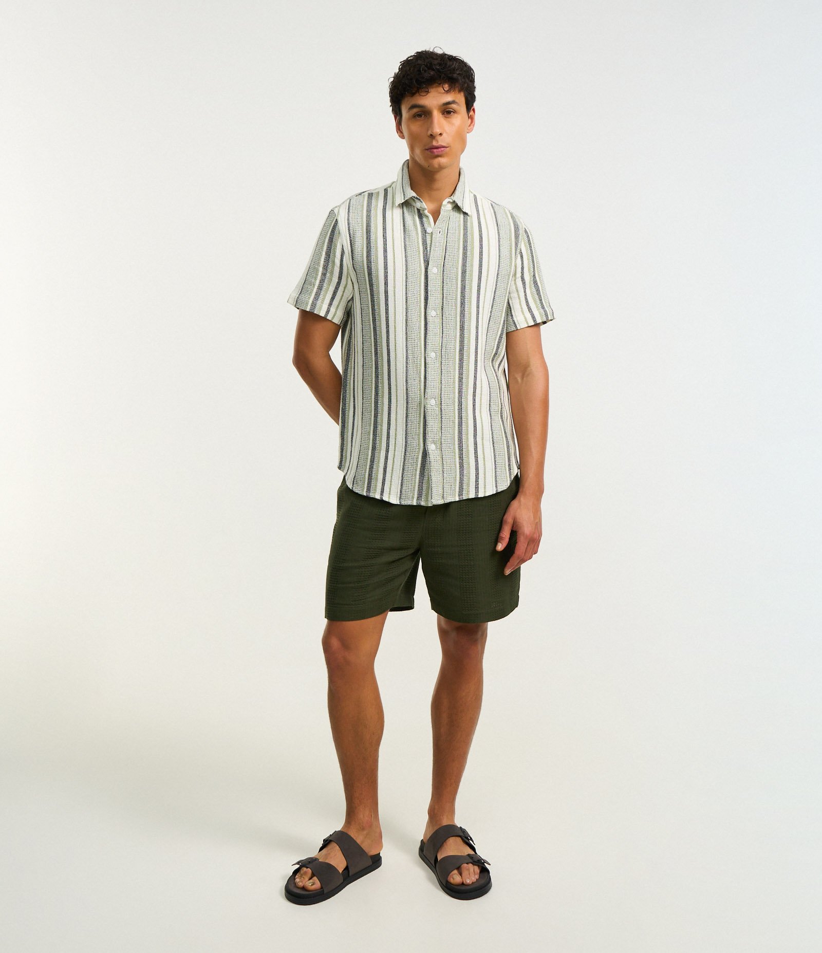 Camisa em Algodão com Textura e Listras Verde 2