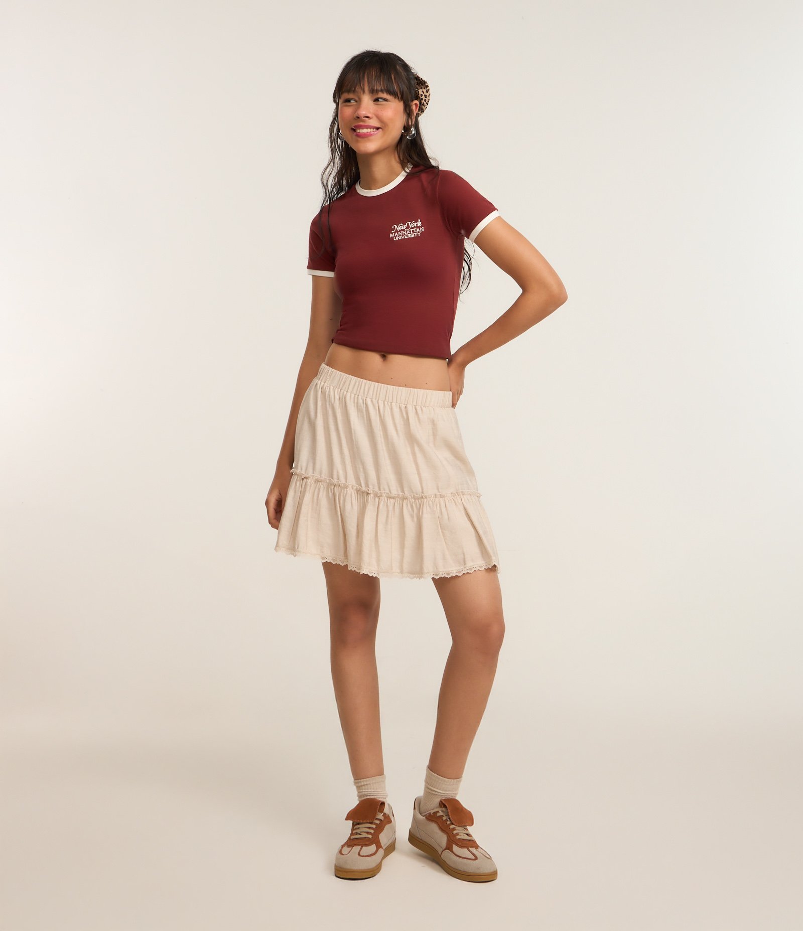 Saia Godê em Viscose com Babado Bege 1