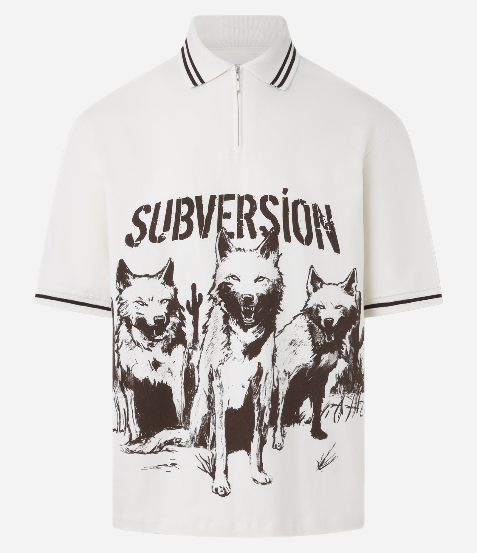 Camisa Oversized Gola Polo com Zíper em Algodão com Estampa de Lobos "Subversion" Bege 7