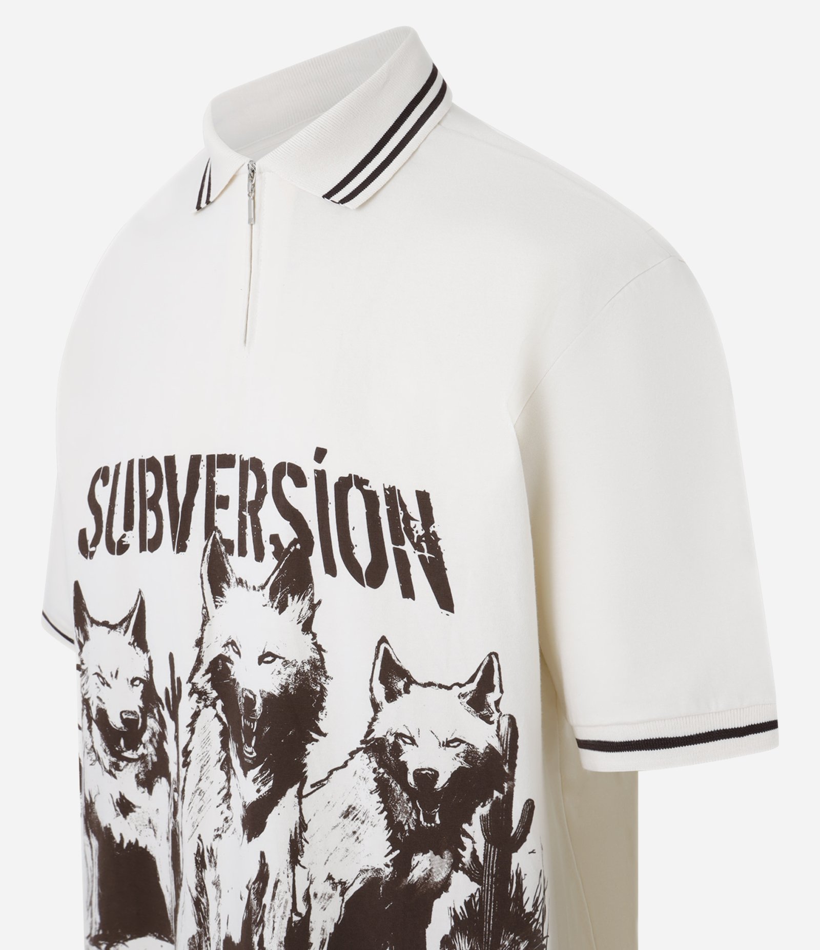 Camisa Oversized Gola Polo com Zíper em Algodão com Estampa de Lobos "Subversion" Bege 8