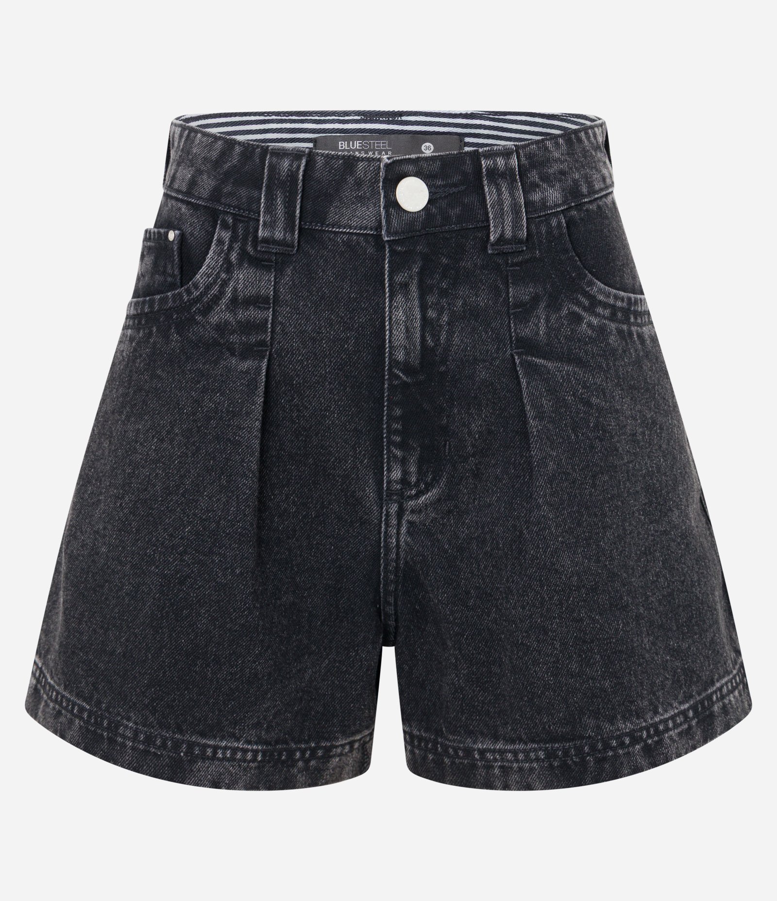 Short Baggy em Jeans com Cós Listrado e Bolsos com Pregas Preto 5