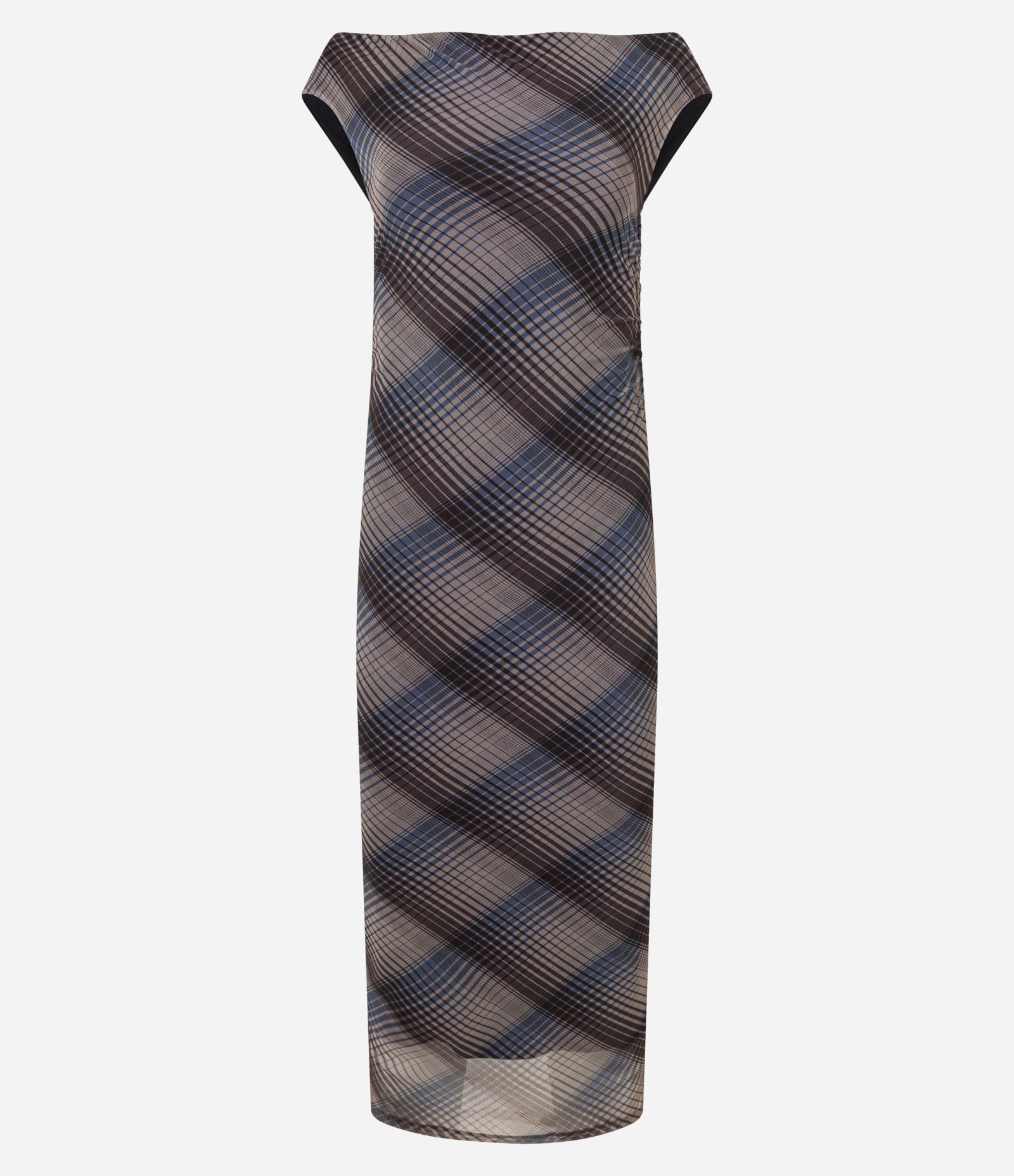 Vestido Midi Ombro a Ombro em Tule com Estampa Xadrez Cinza/Azul/Preto 7