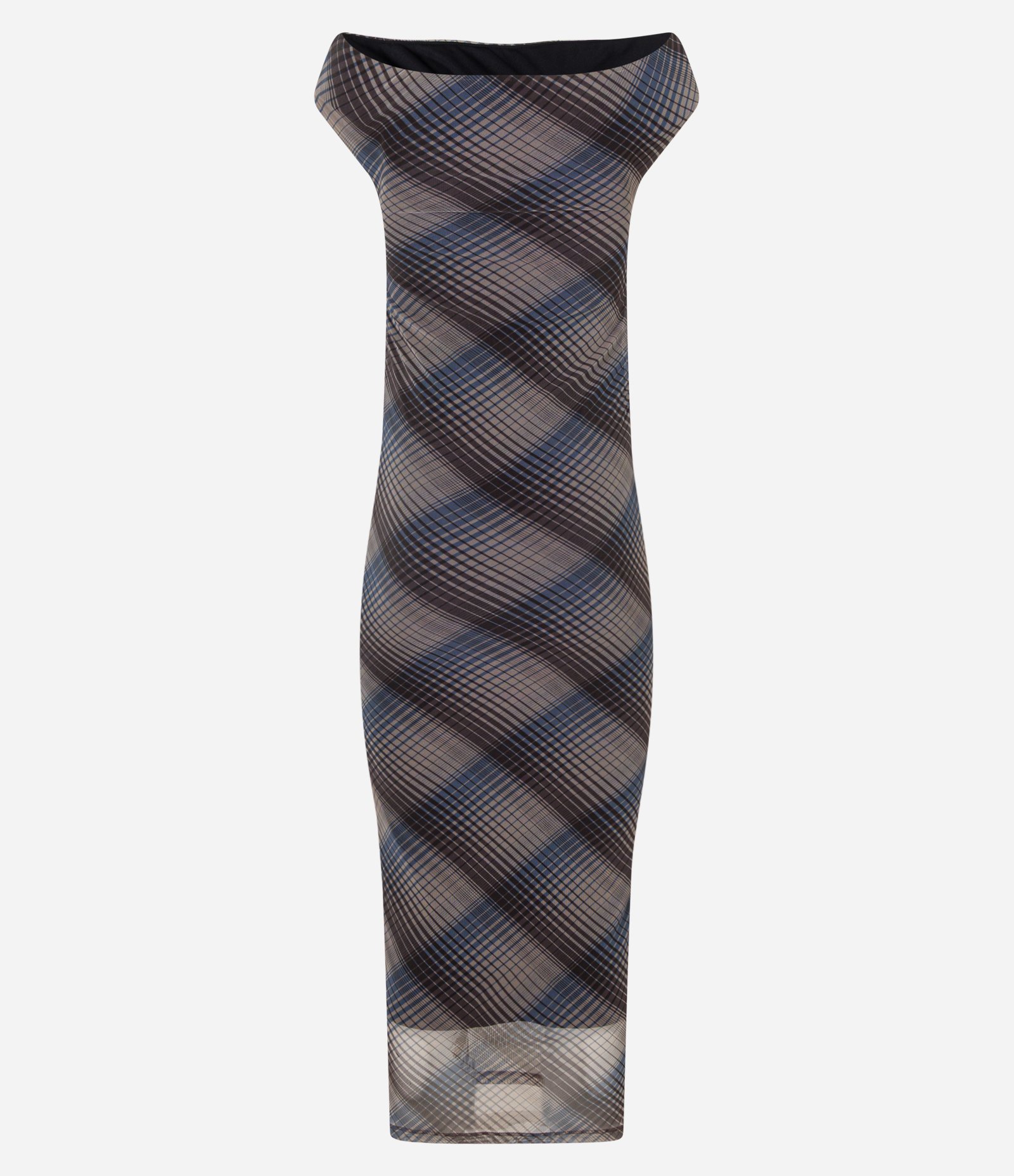 Vestido Midi Ombro a Ombro em Tule com Estampa Xadrez Cinza/Azul/Preto 8