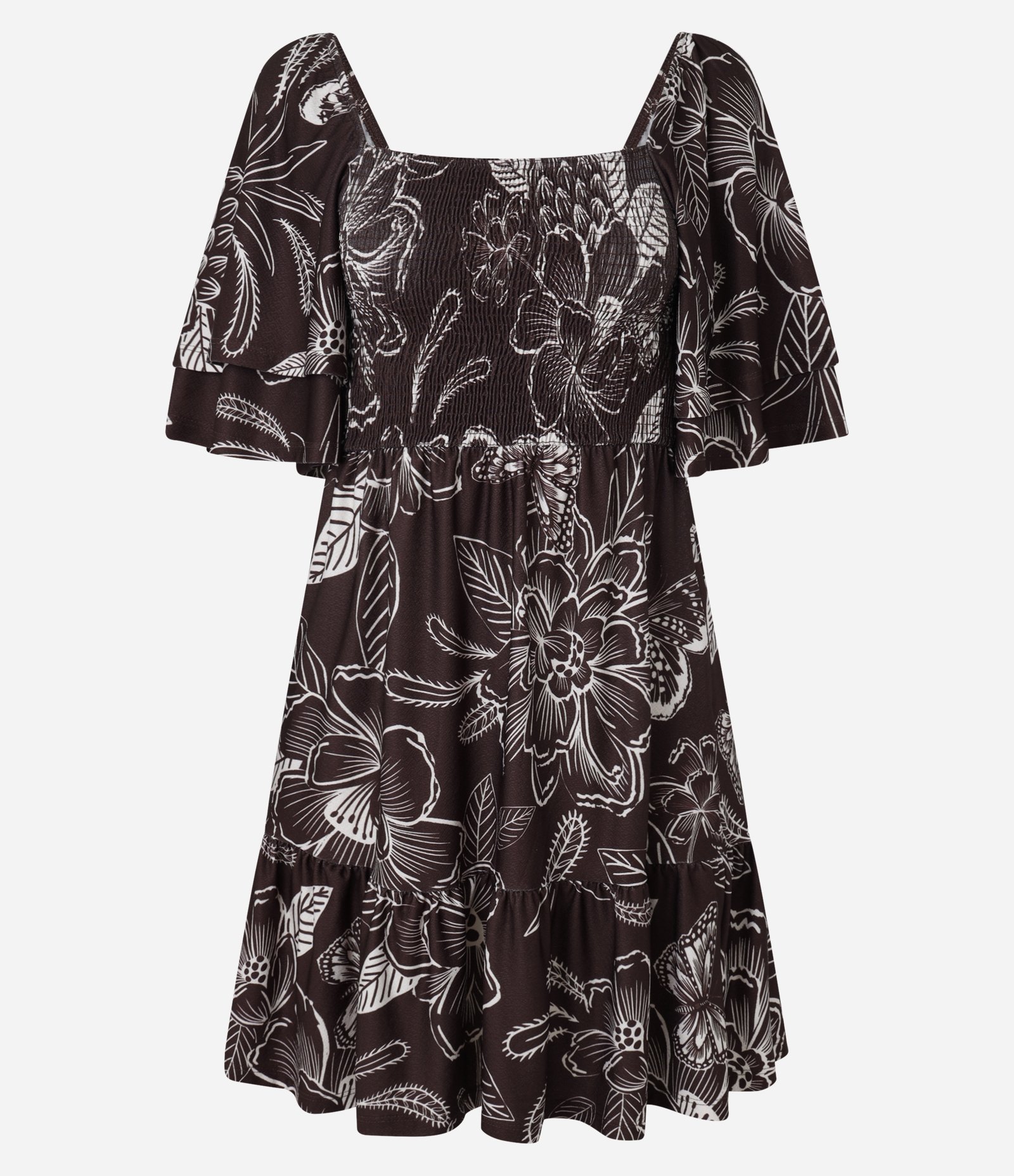 Vestido Evasê Curto Texturizado com Lastex e Estampa Floral Marrom 4