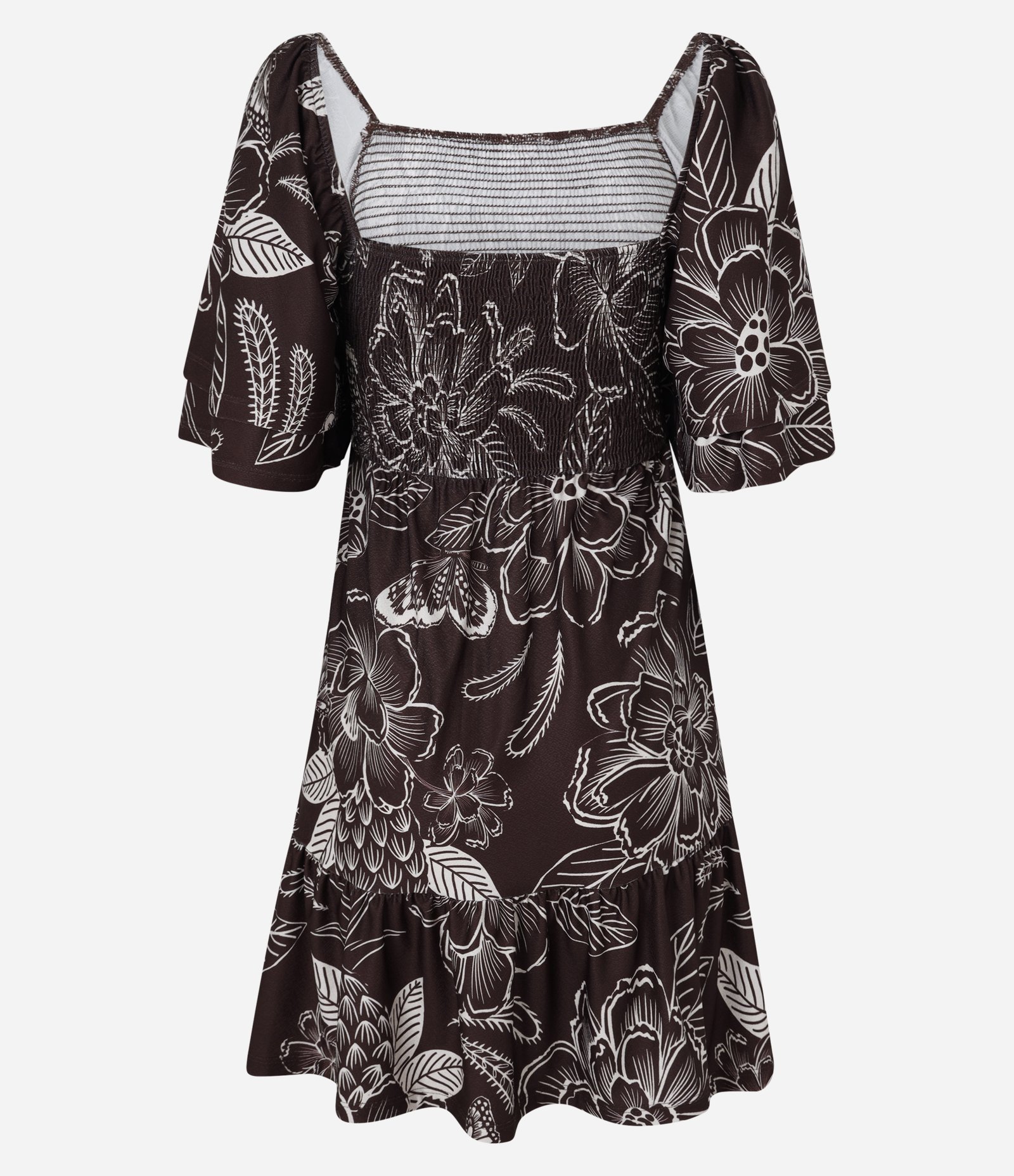 Vestido Evasê Curto Texturizado com Lastex e Estampa Floral Marrom 5