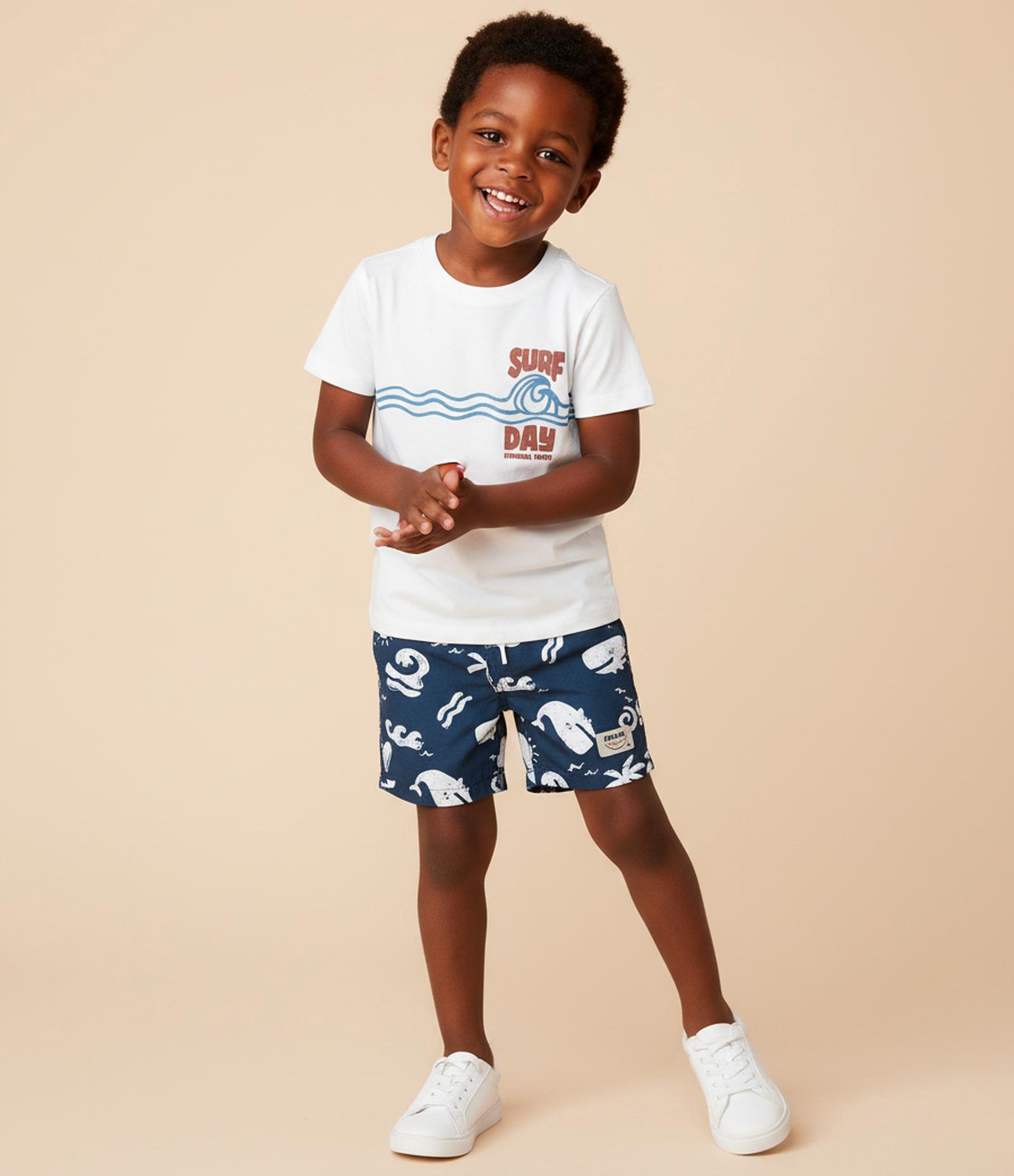 Bermuda Infantil em Sarja com Estampa de Fundo do Mar - Tam 1 a 6 Anos Azul 1