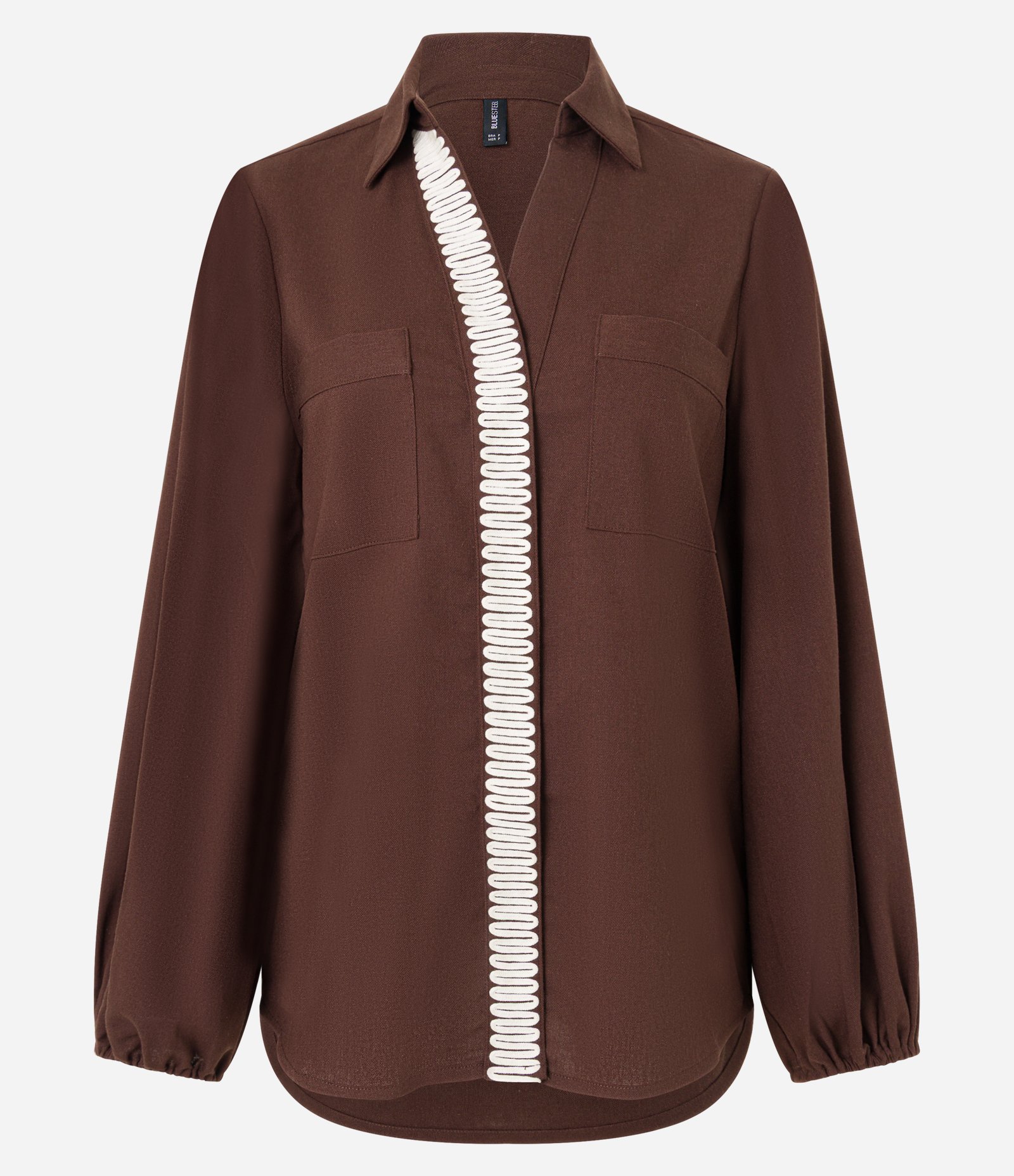 Camisa Alongada em Viscolinho com Textura e Manga Bufante Marrom 5