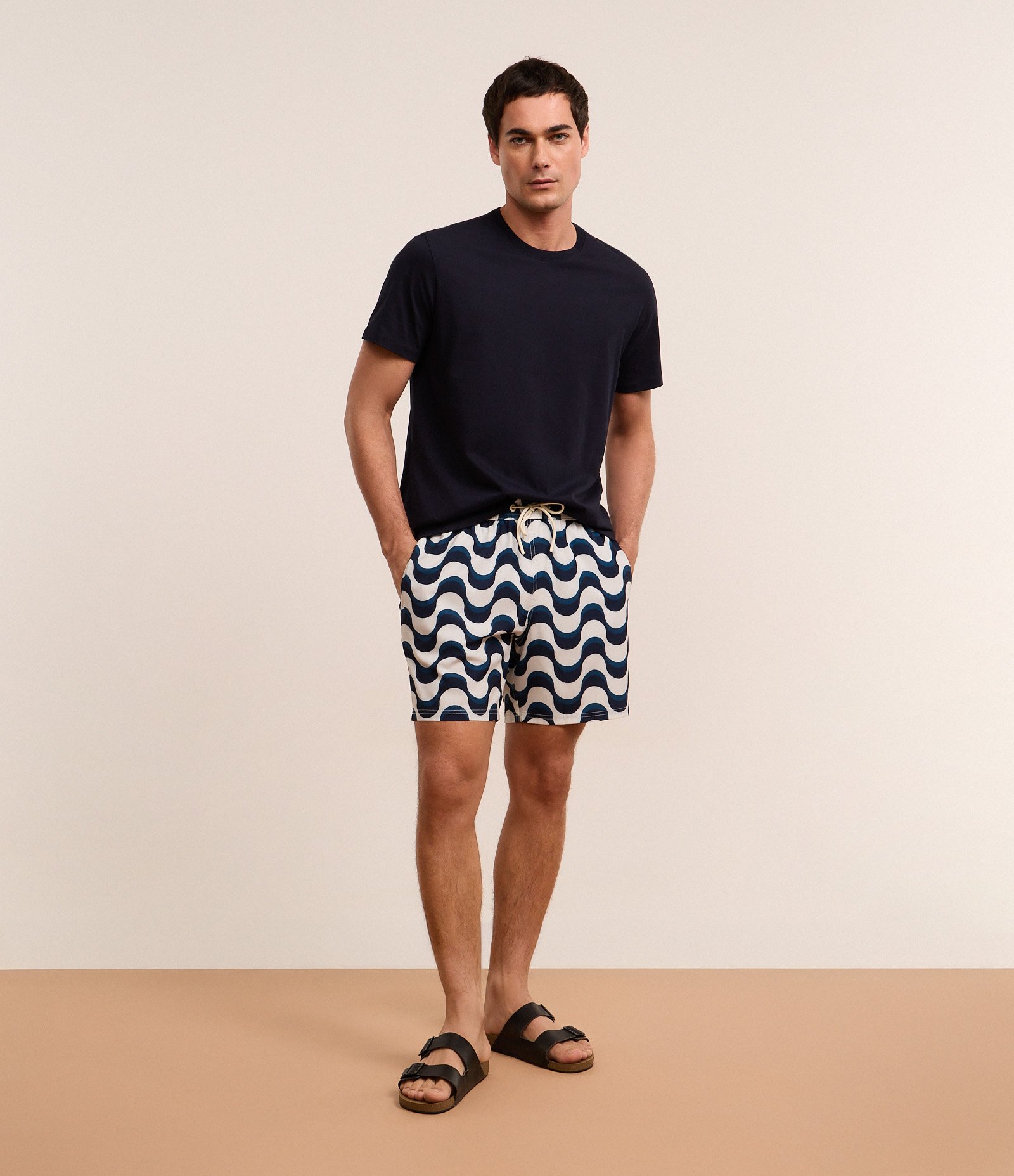 Bermuda de Banho em Ripstop com Estampa de Onda Branco/Azul/Preto 1