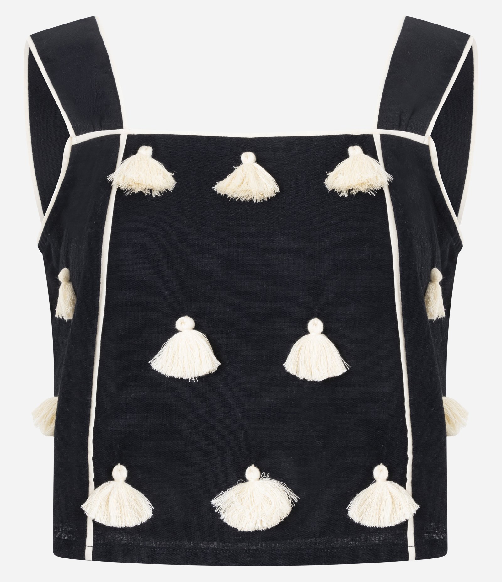 Blusa em Algodão com Linho com Tassels Aplicados Preto 6